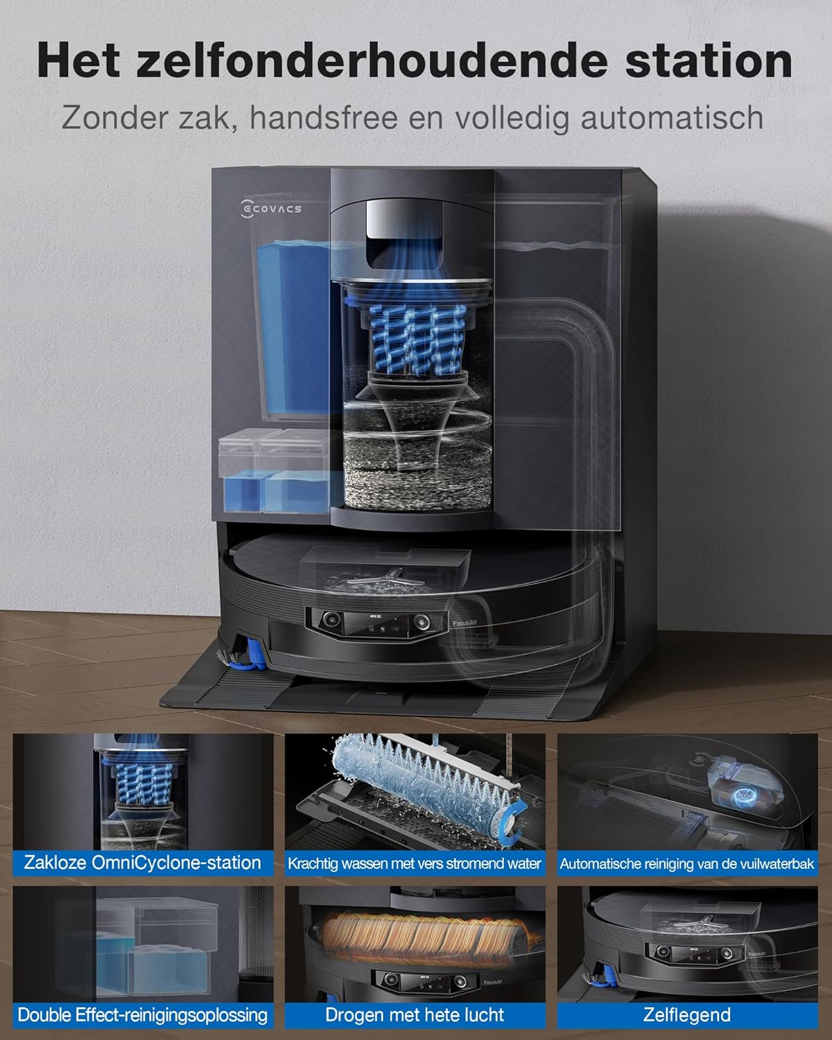Een robotstofzuiger met station. Toont zuig-, dweil- en droogfuncties.