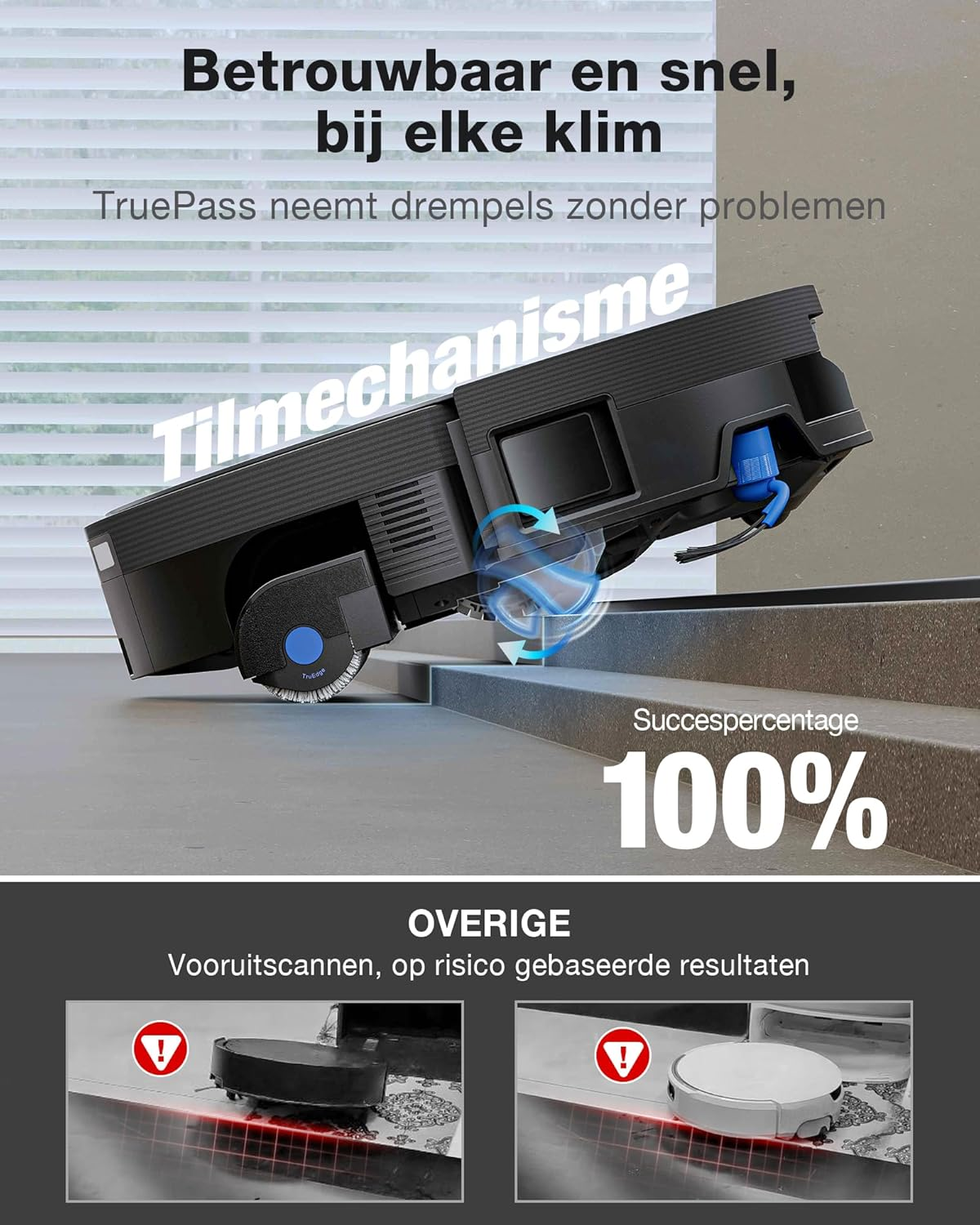 Zwarte robotstofzuiger beklimt trap met kantelmechanisme. Succespercentage 100%.