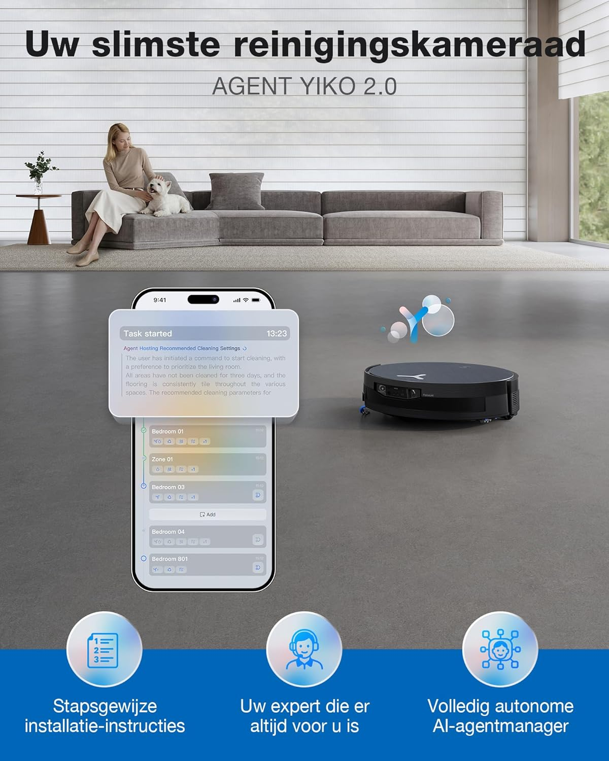 Een robotstofzuiger reinigt een kamer, smartphone toont bediening. Vrouw en hond ontspannen.