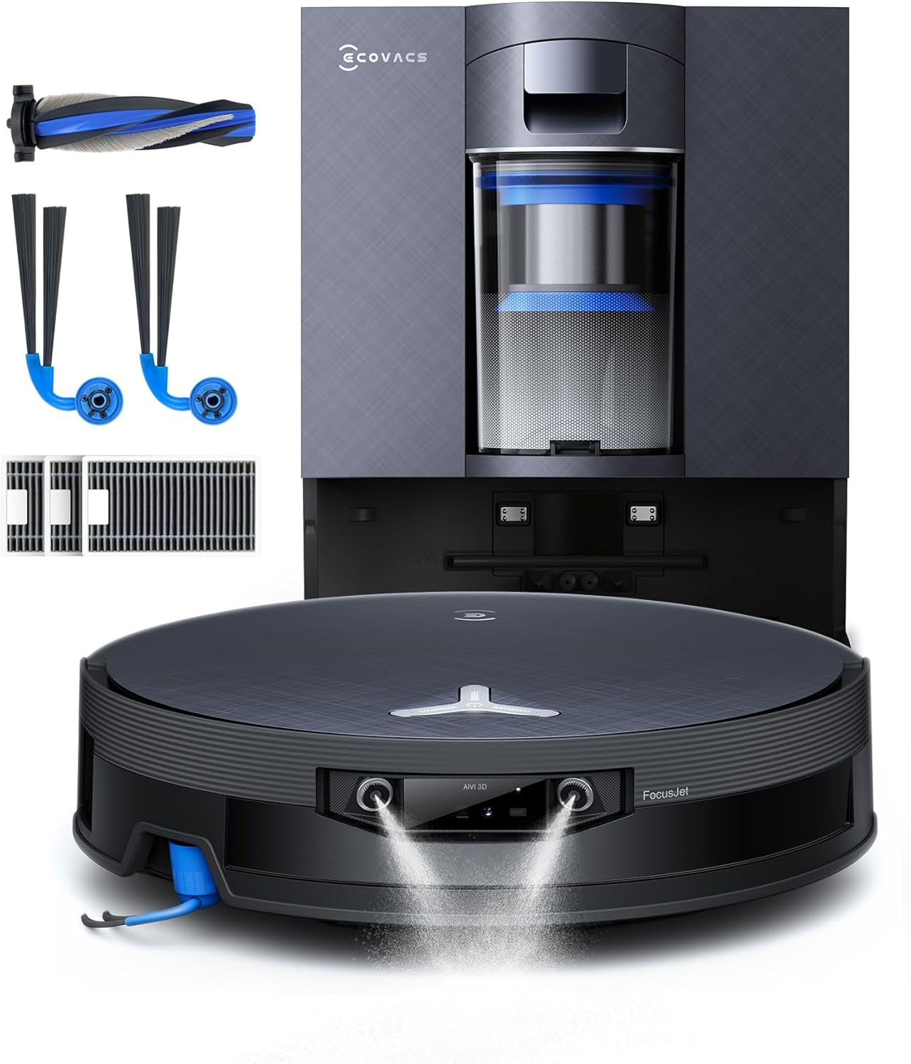 Een zwarte robotstofzuiger met accessoires en oplaadstation. Focus op de robot.
