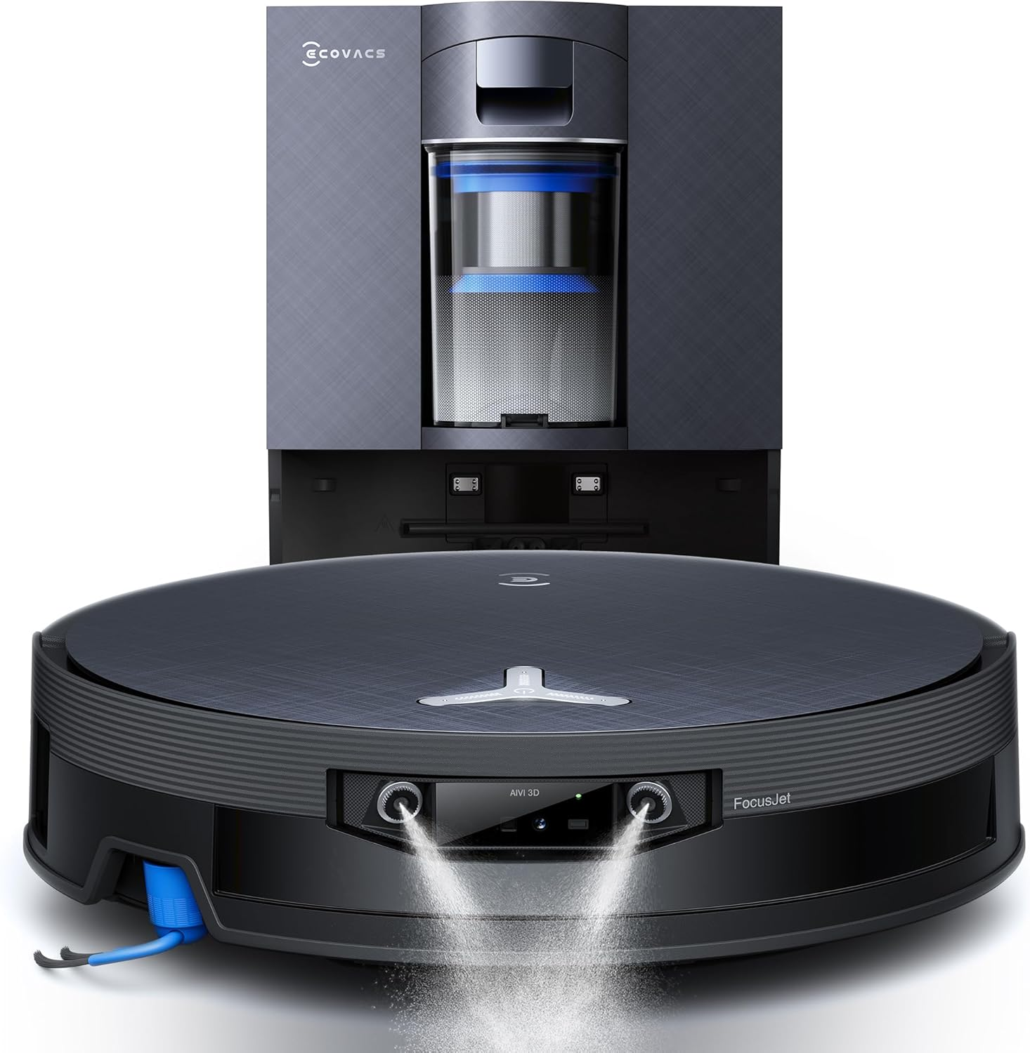 Een zwarte robotstofzuiger met laadstation. Spuit water.