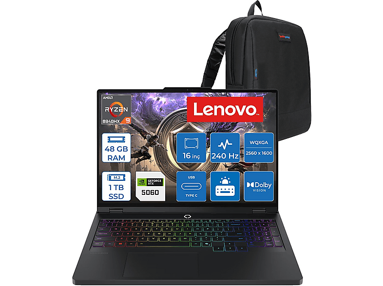 LENOVO Legion Pro 5 16ADR10 RTX5060 8GB 83LT005RTRF18 AMD Ryzen 9 8940HX 48 GB RAM 1 TB SSD 16 inç FreeDOS Laptop+Çanta Gri