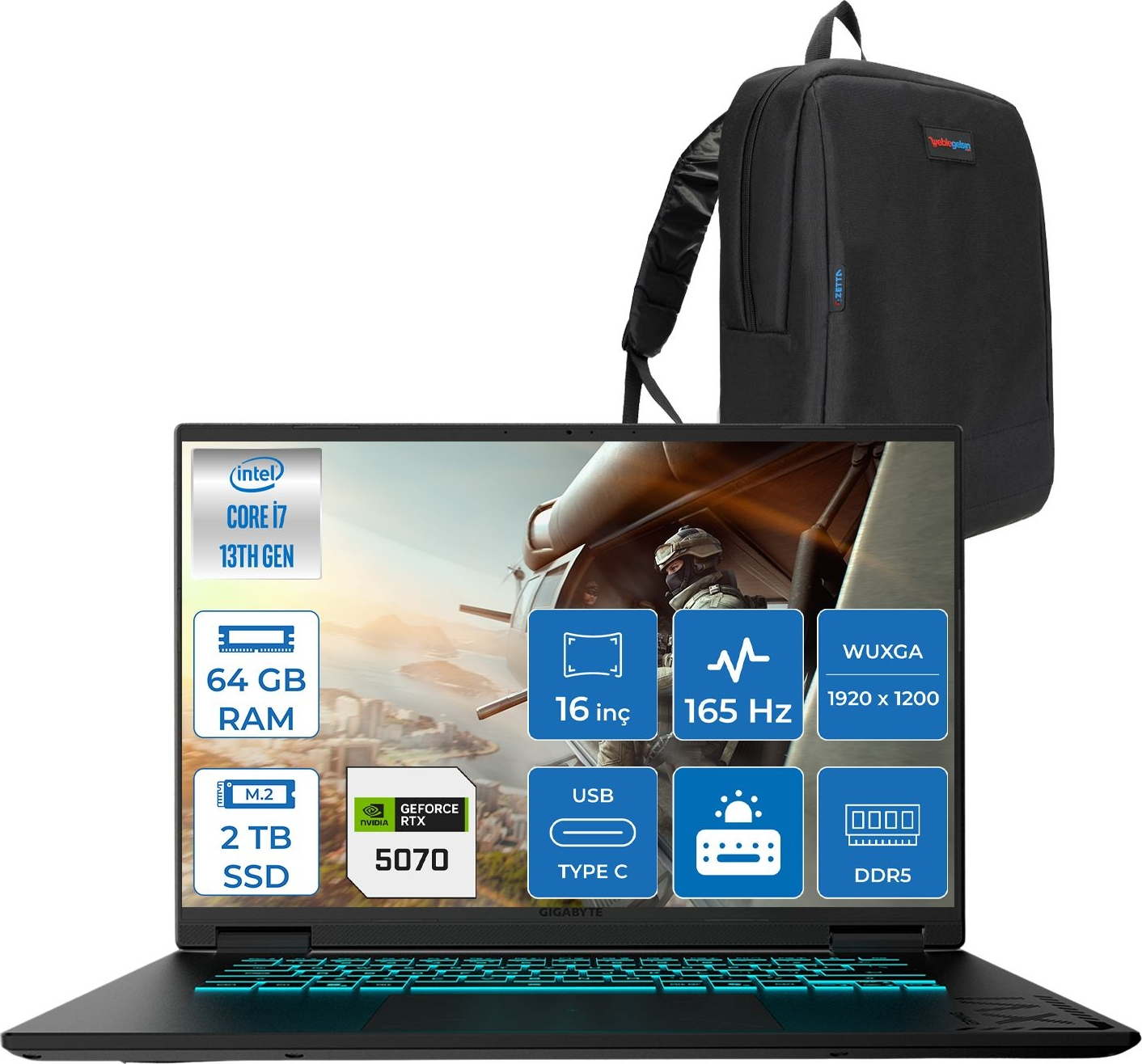 Intel Core i7 13. Nesil, 64 GB RAM, 2 TB SSD, RTX 5070 özellikli dizüstü bilgisayar ve siyah sırt çantası.