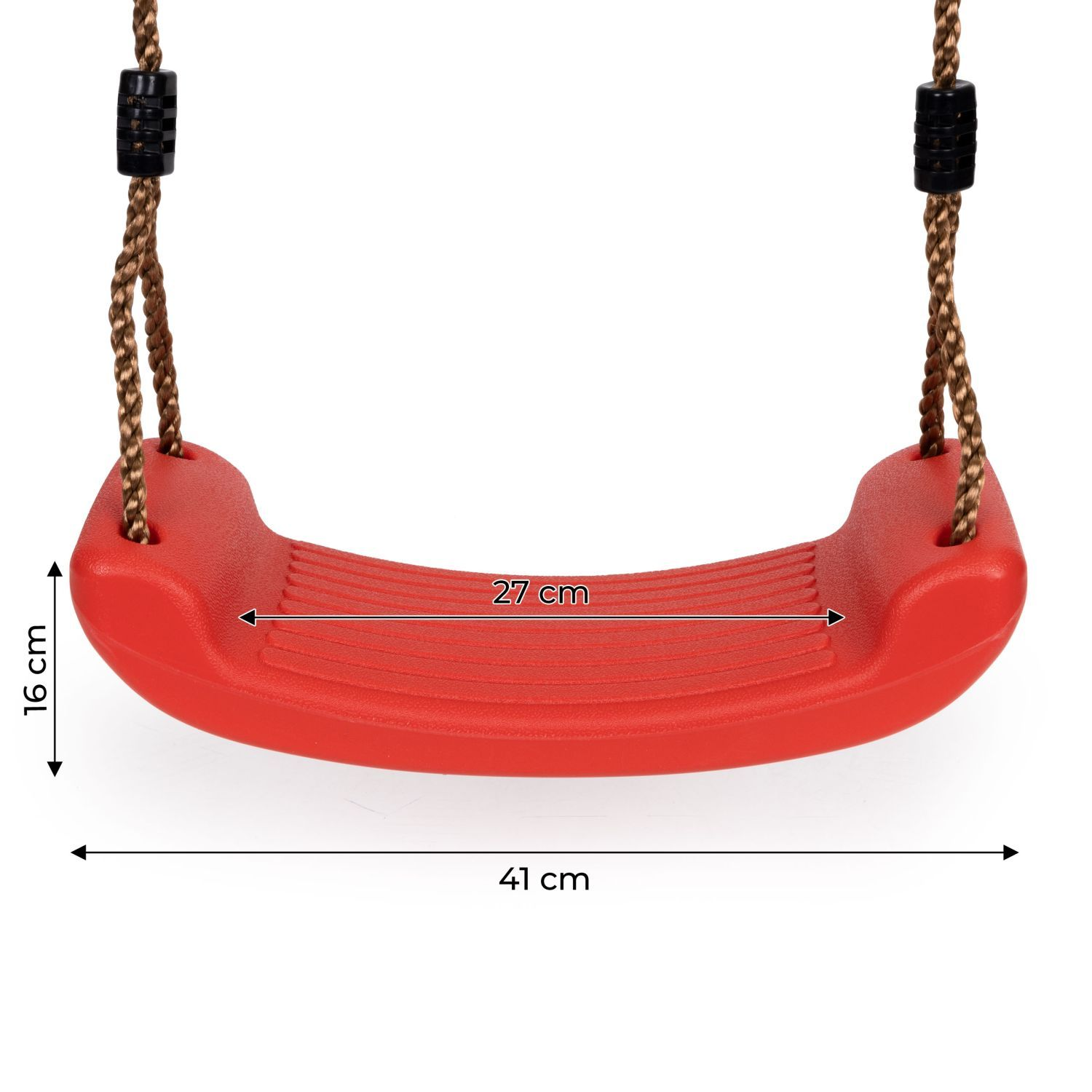Czerwone plastikowe siedzisko huśtawki z linami, wymiary 41x16 cm.