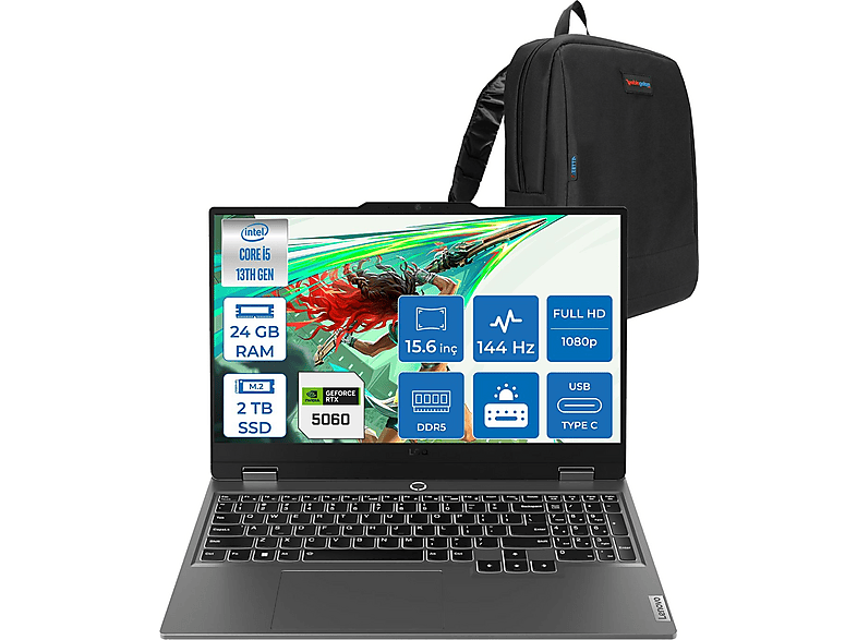 LENOVO LOQ 15IRX10 8GB RTX5060 144Hz 83JE00JMTRF04 Intel Core I5-13450HX 24 GB RAM 2 TB SSD 15,6 inç FreeDOS Laptop+Çanta Siyah