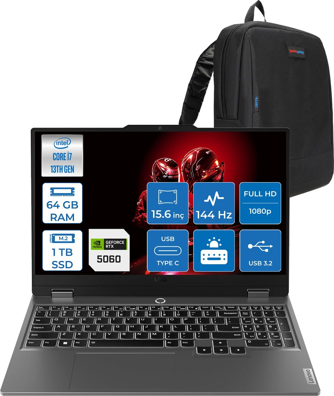 Intel Core i7, 64 GB RAM, 1 TB SSD ve RTX 5060 özellikli dizüstü bilgisayar, sırt çantası yanında.