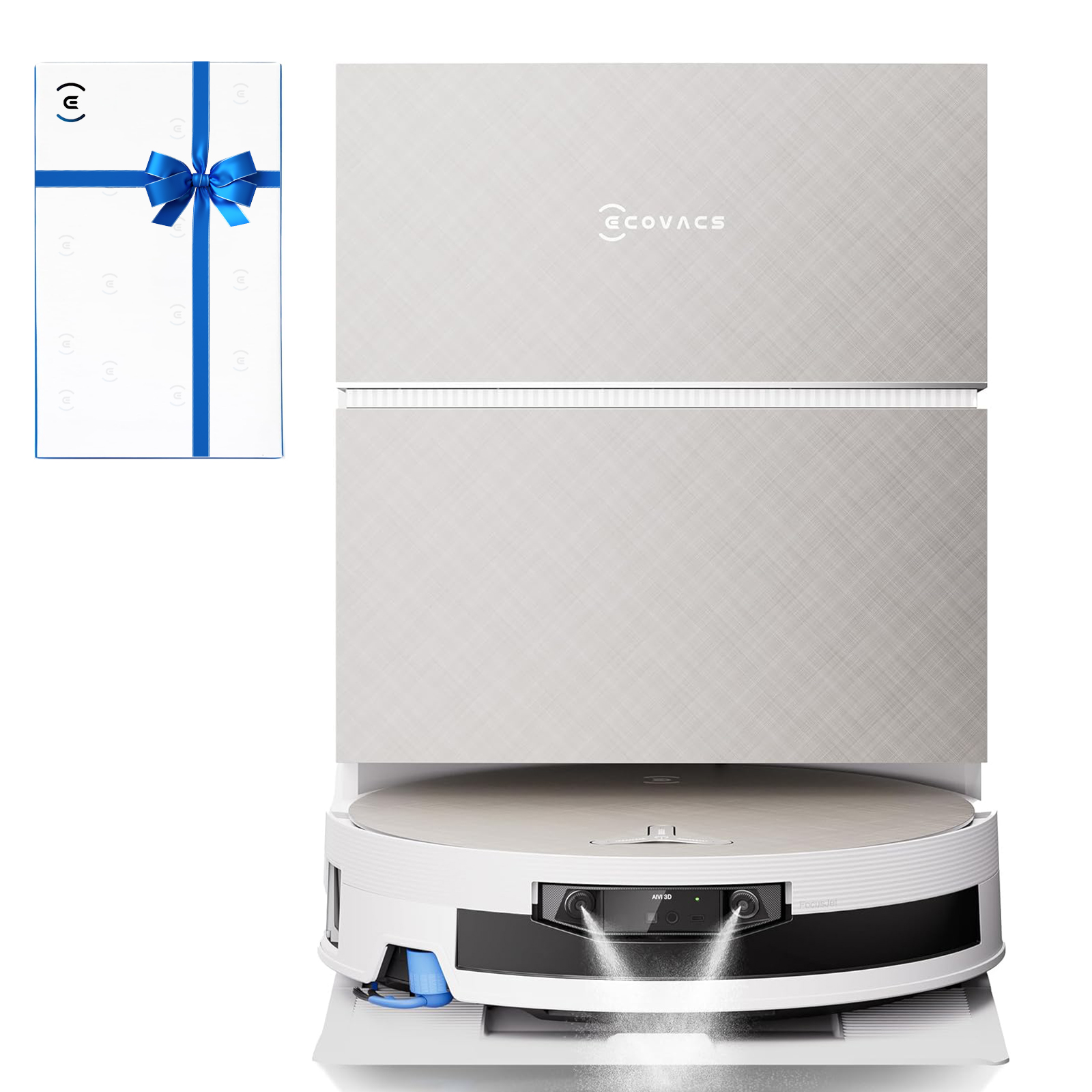 Un paquet cadeau blanc avec un ruban bleu à côté d'un aspirateur robot argenté.