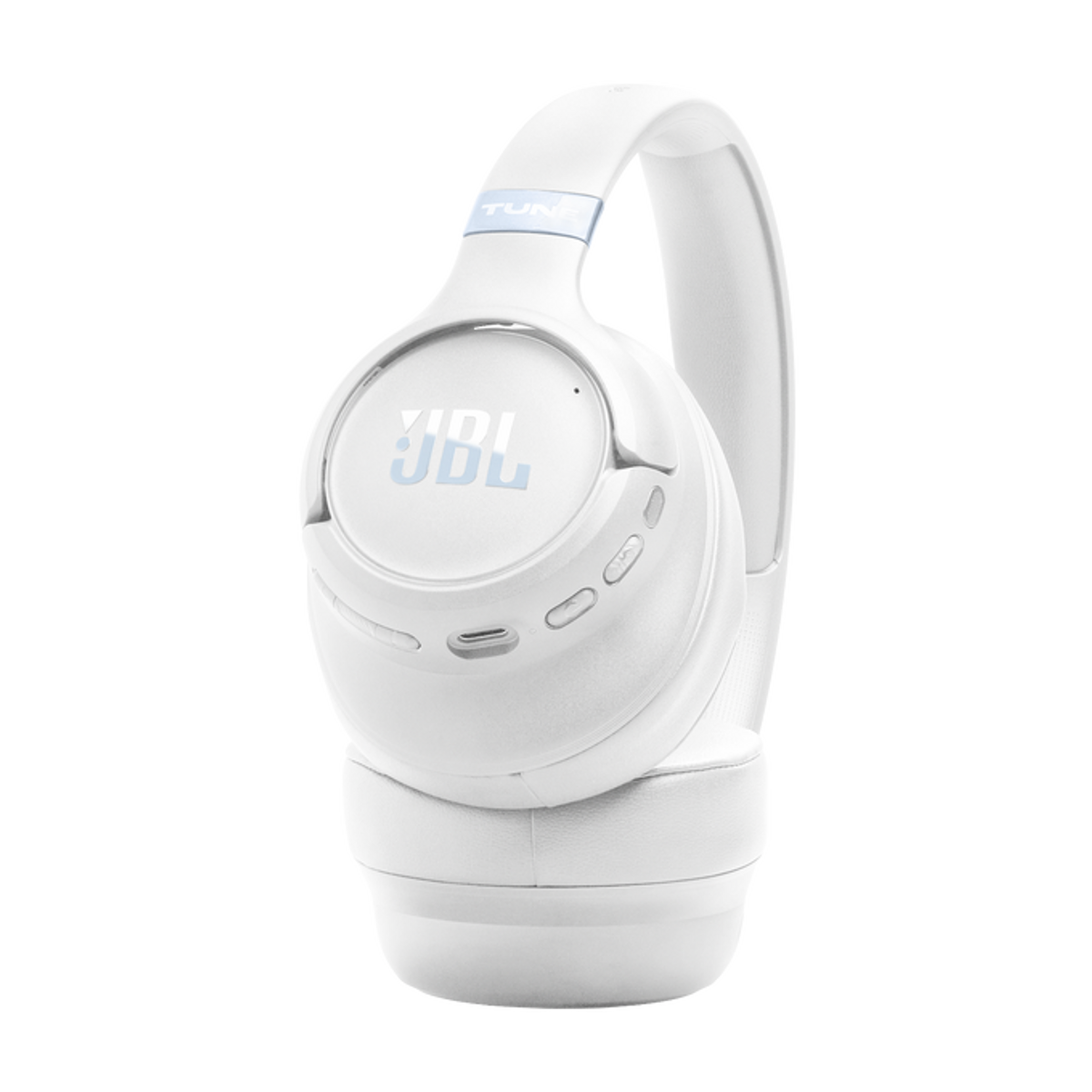 Cuffie JBL bianche con scritte blu e pulsanti di controllo.