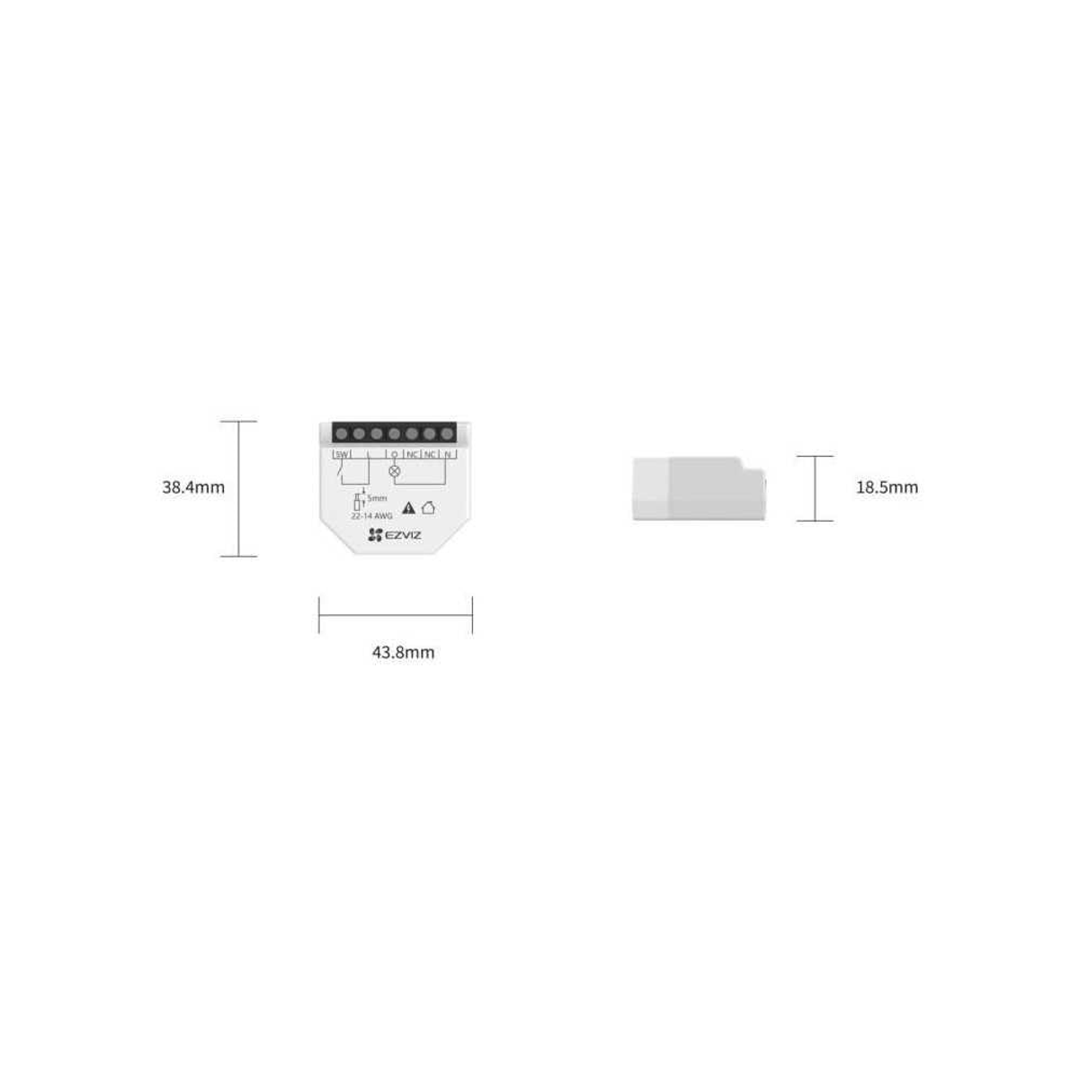 Un pequeño componente electrónico blanco con conectores y etiquetas de dimensiones.