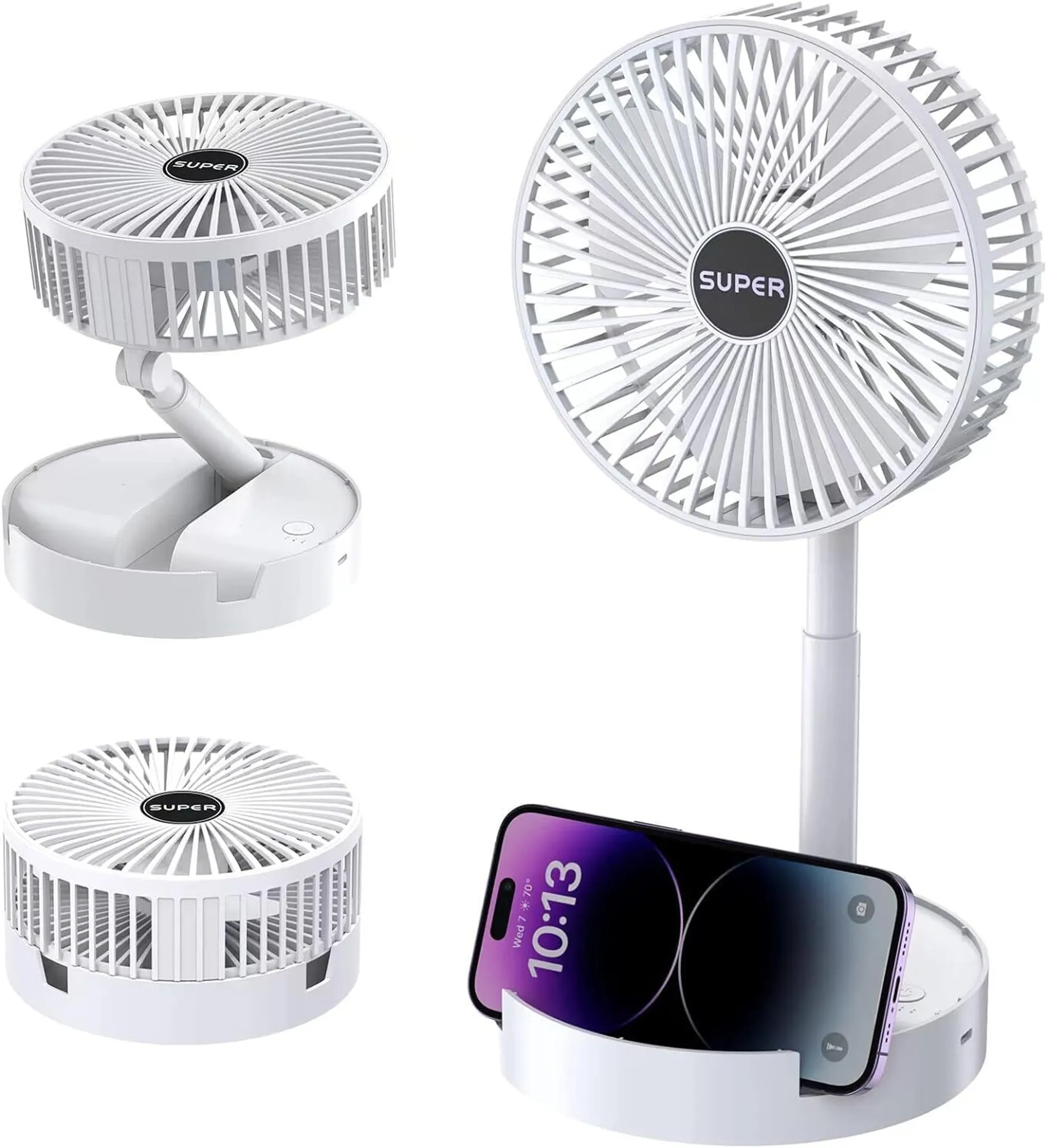 Ein weißer, faltbarer Ventilator und ein Smartphone auf einer Ladebasis.