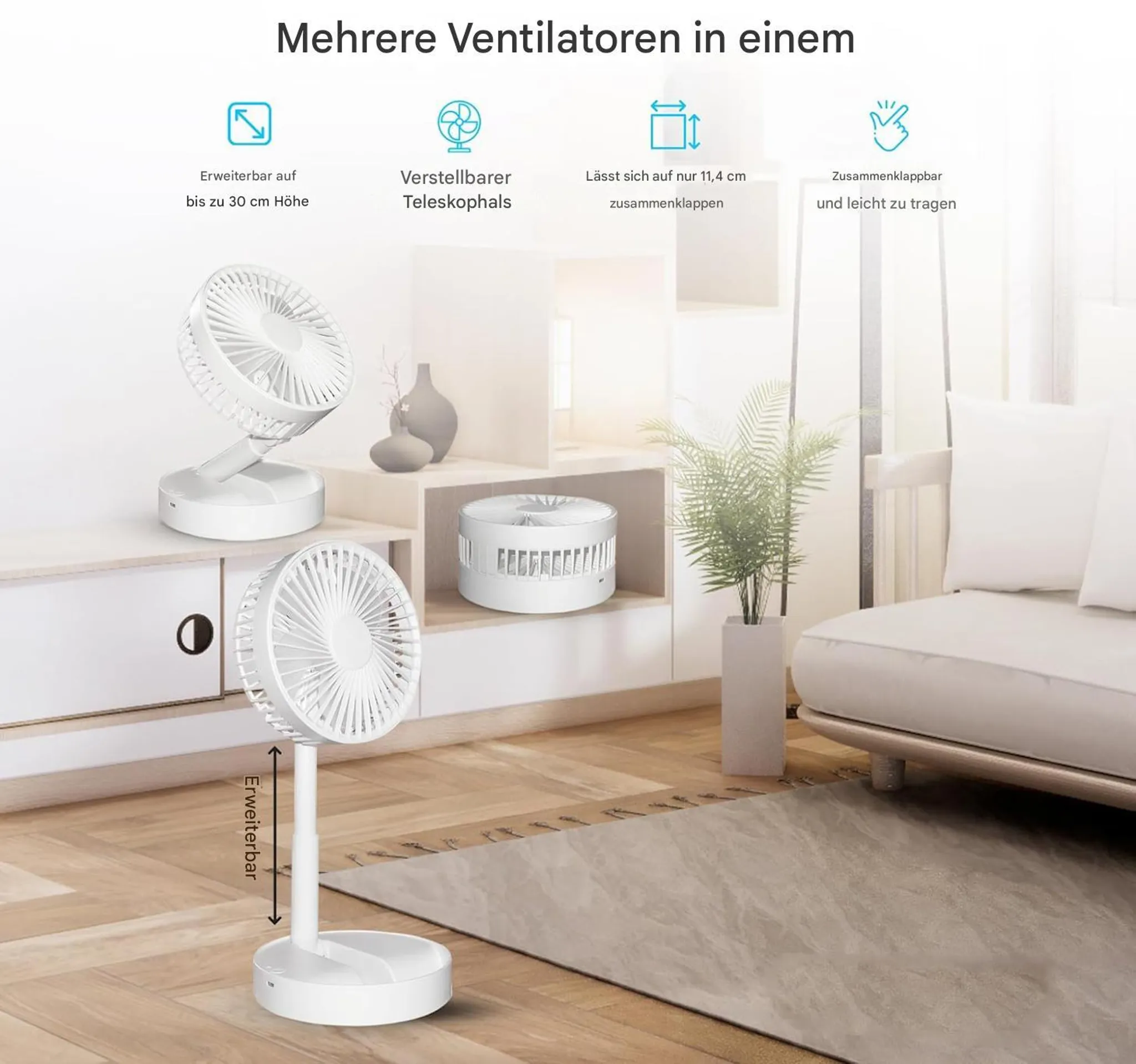 Mehrere weiße Ventilatoren in einem modernen Wohnzimmer.