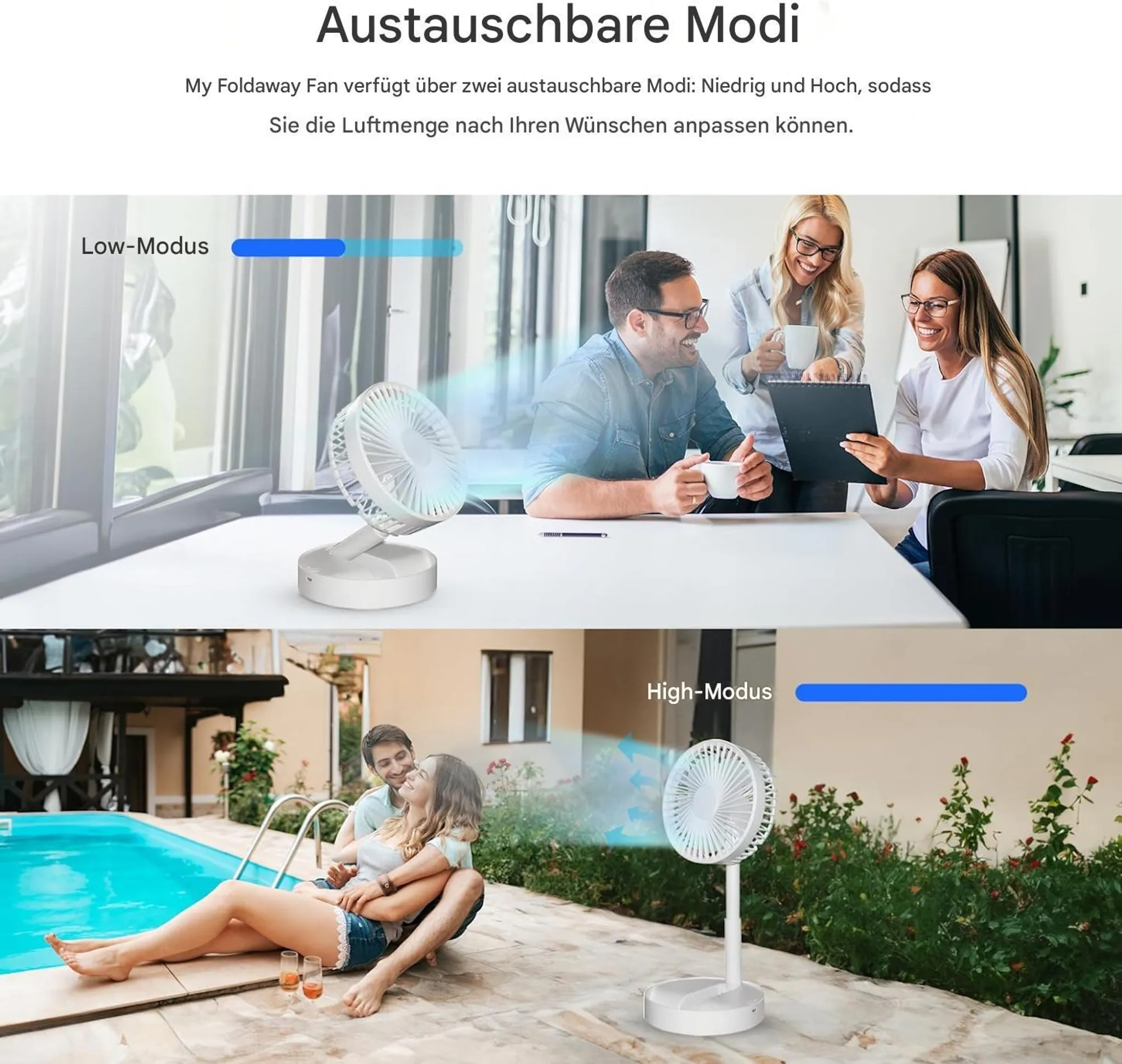 Ein weißer Ventilator in zwei Modi: Low im Büro, High am Pool.