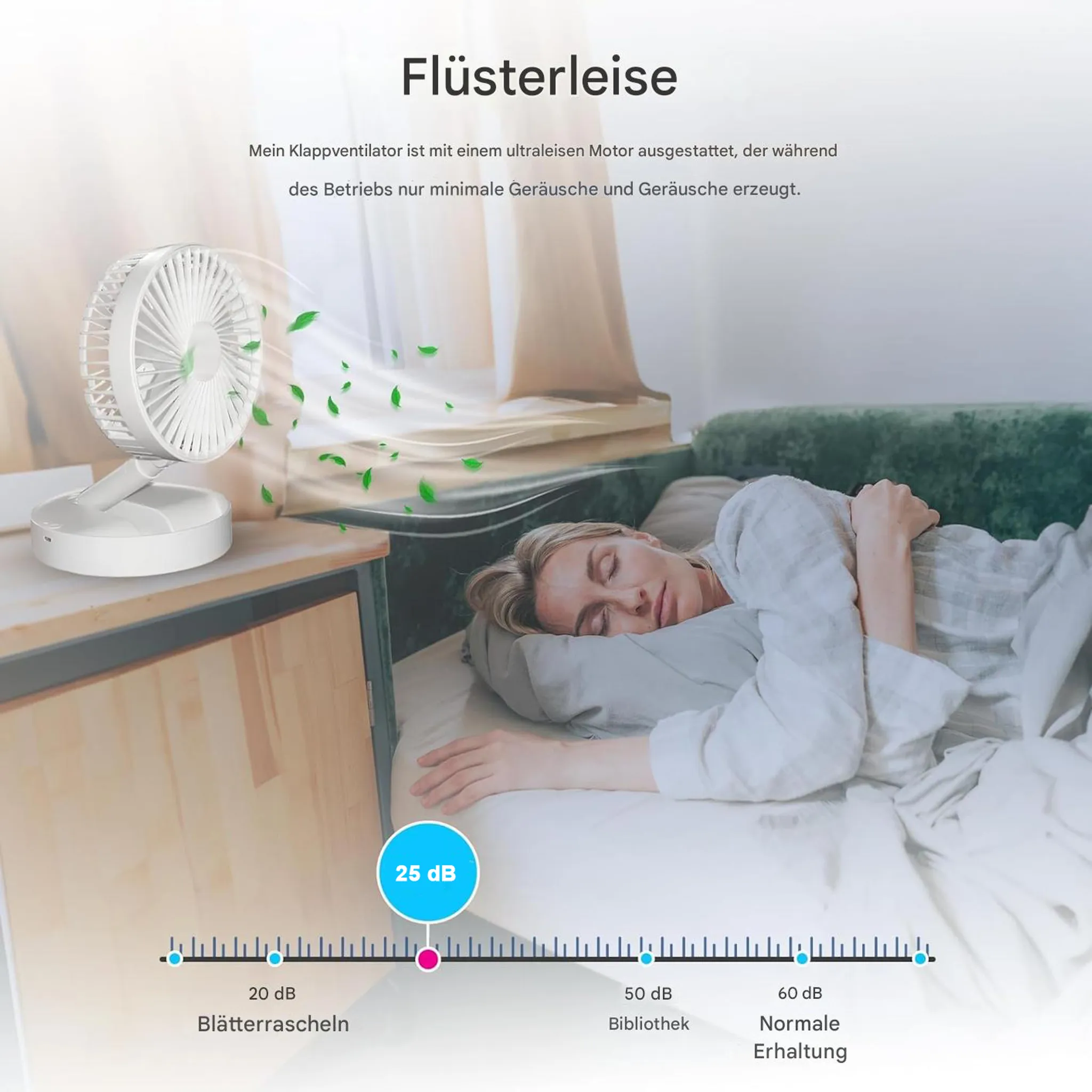 Ein leiser Ventilator steht auf einem Nachttisch neben einer schlafenden Frau.
