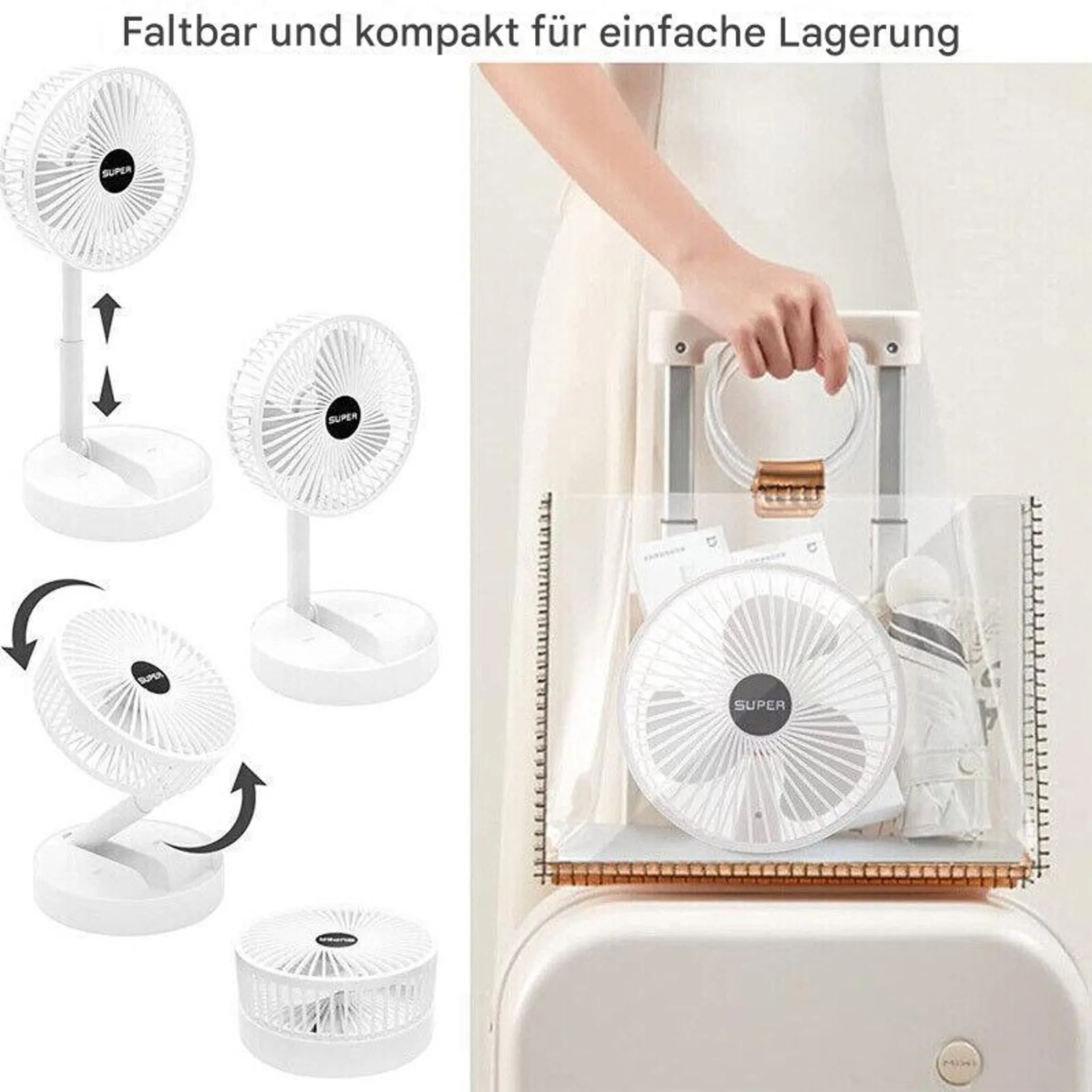 Ein weißer, faltbarer Ventilator wird in eine Tasche gepackt.