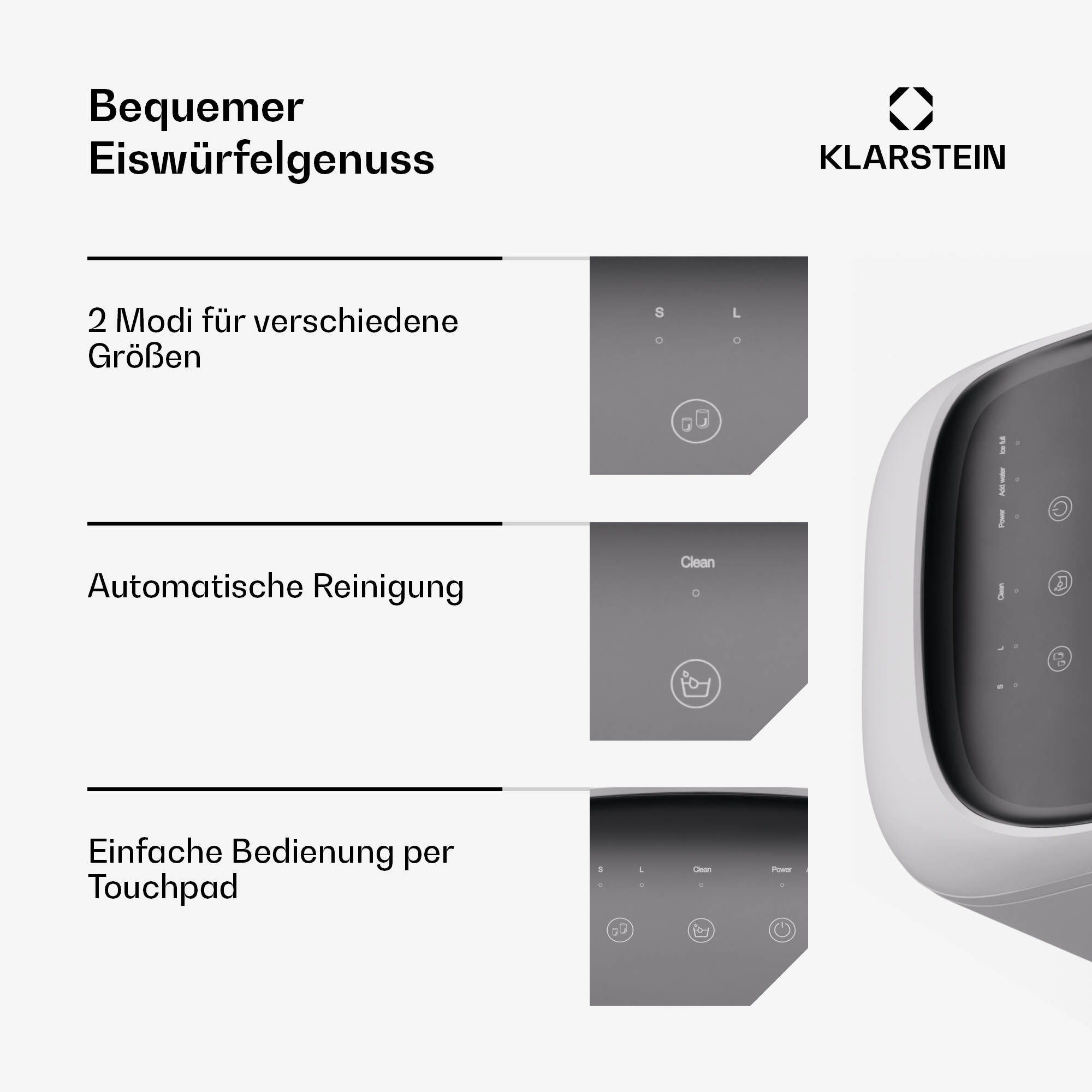 Klarstein Eismaschine mit Touchpad-Bedienung für Eiswürfel in zwei Größen und Selbstreinigungsfunktion.