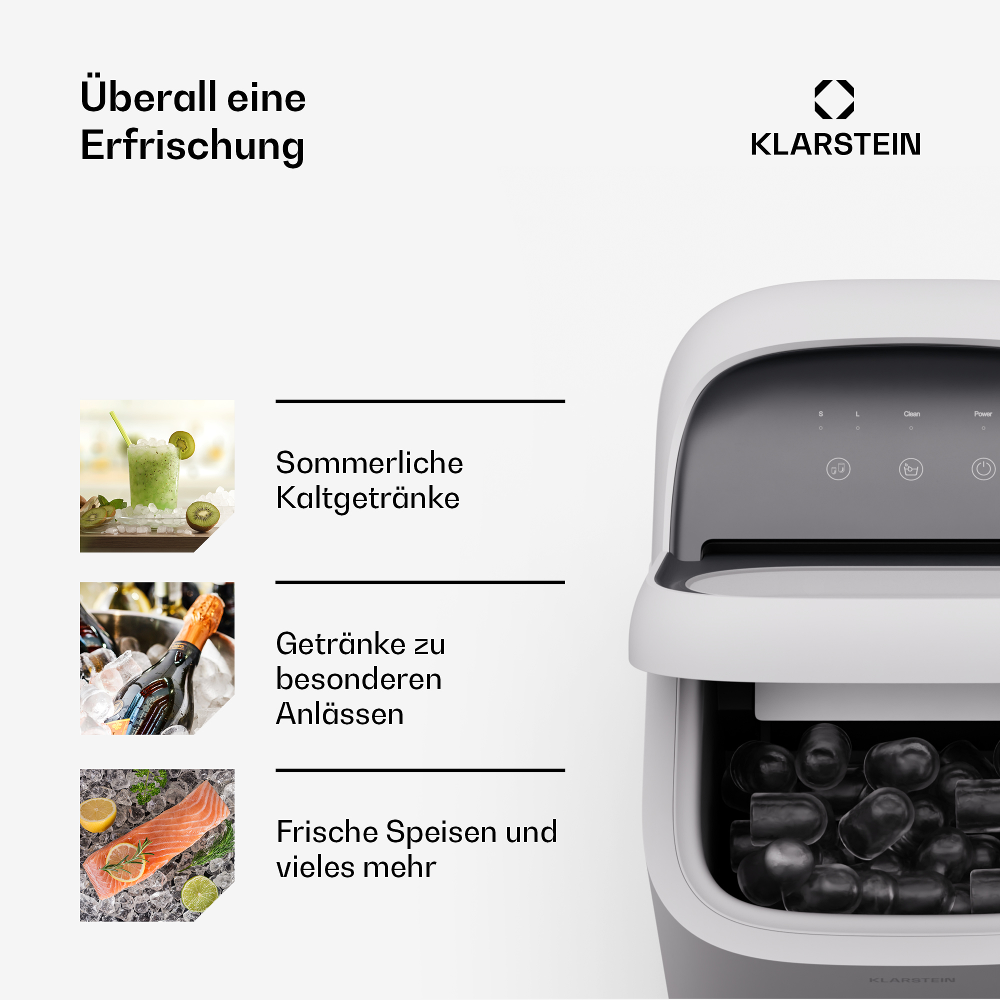 Klarstein Eismaschine mit Eiswürfeln, Getränken und Lachs.