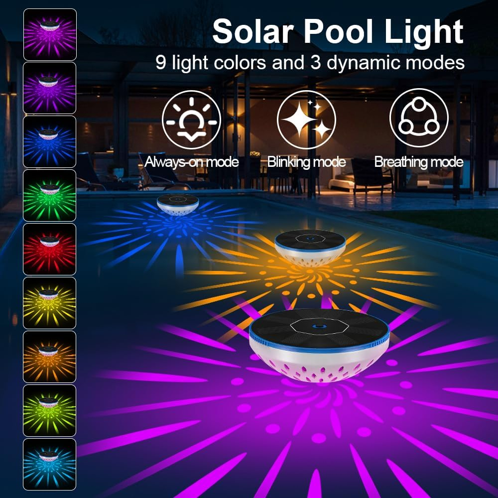 Solar-Poollichter leuchten in verschiedenen Farben und Mustern auf dem Wasser.