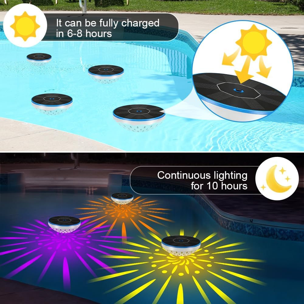 Schwimmende Solarleuchten laden tagsüber und beleuchten den Pool nachts in bunten Mustern.