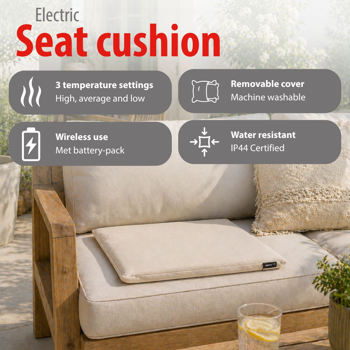 Electric seat cushion: 3 temp settings, removable, washable, wireless, water-resistant.