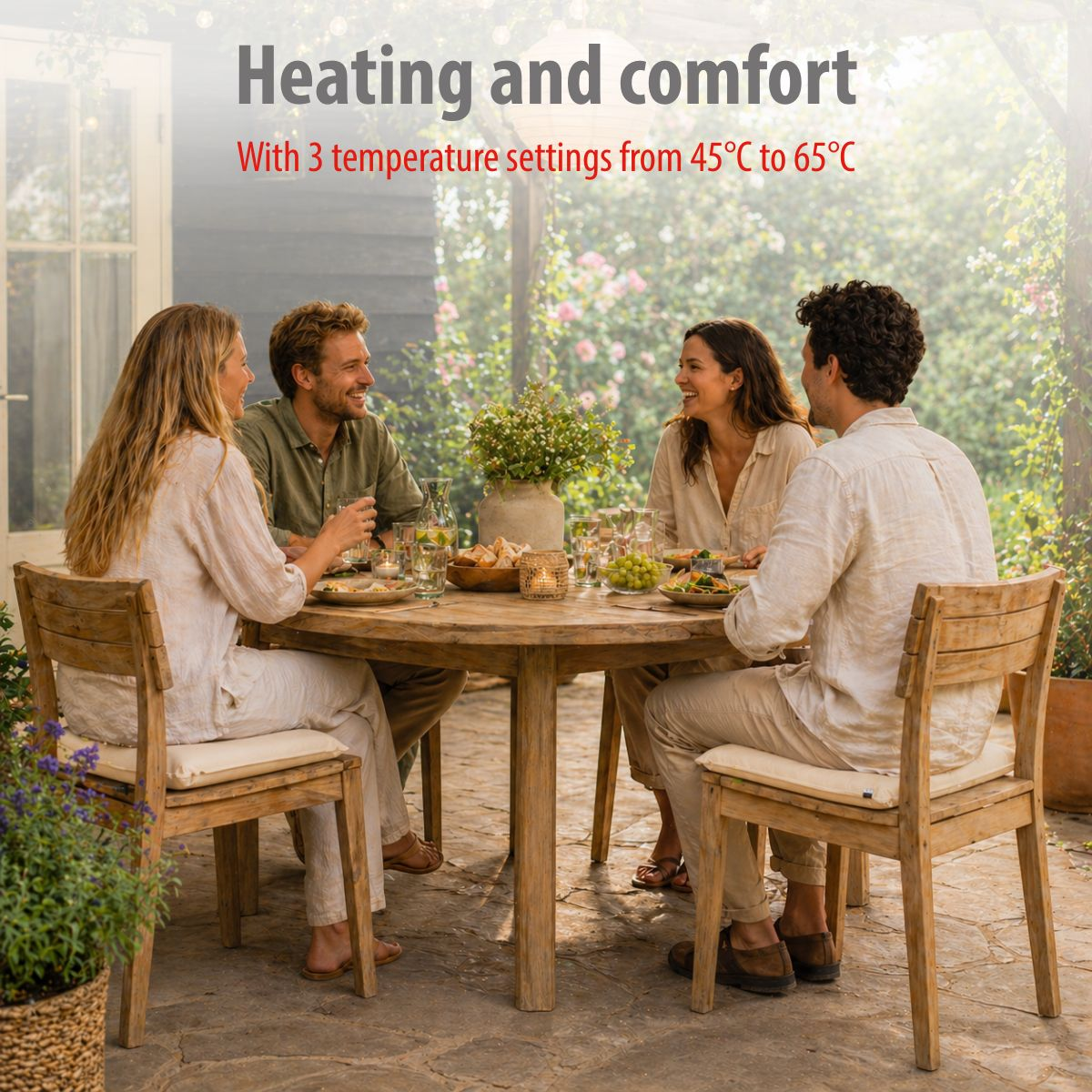 Four people enjoy a meal at a wooden table outdoors. Text: Heating and comfort.