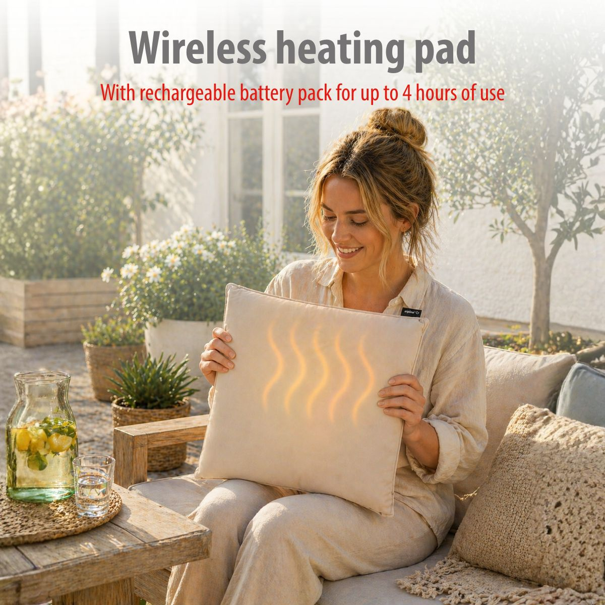 A woman holds a beige heating pad with glowing wavy lines on it.