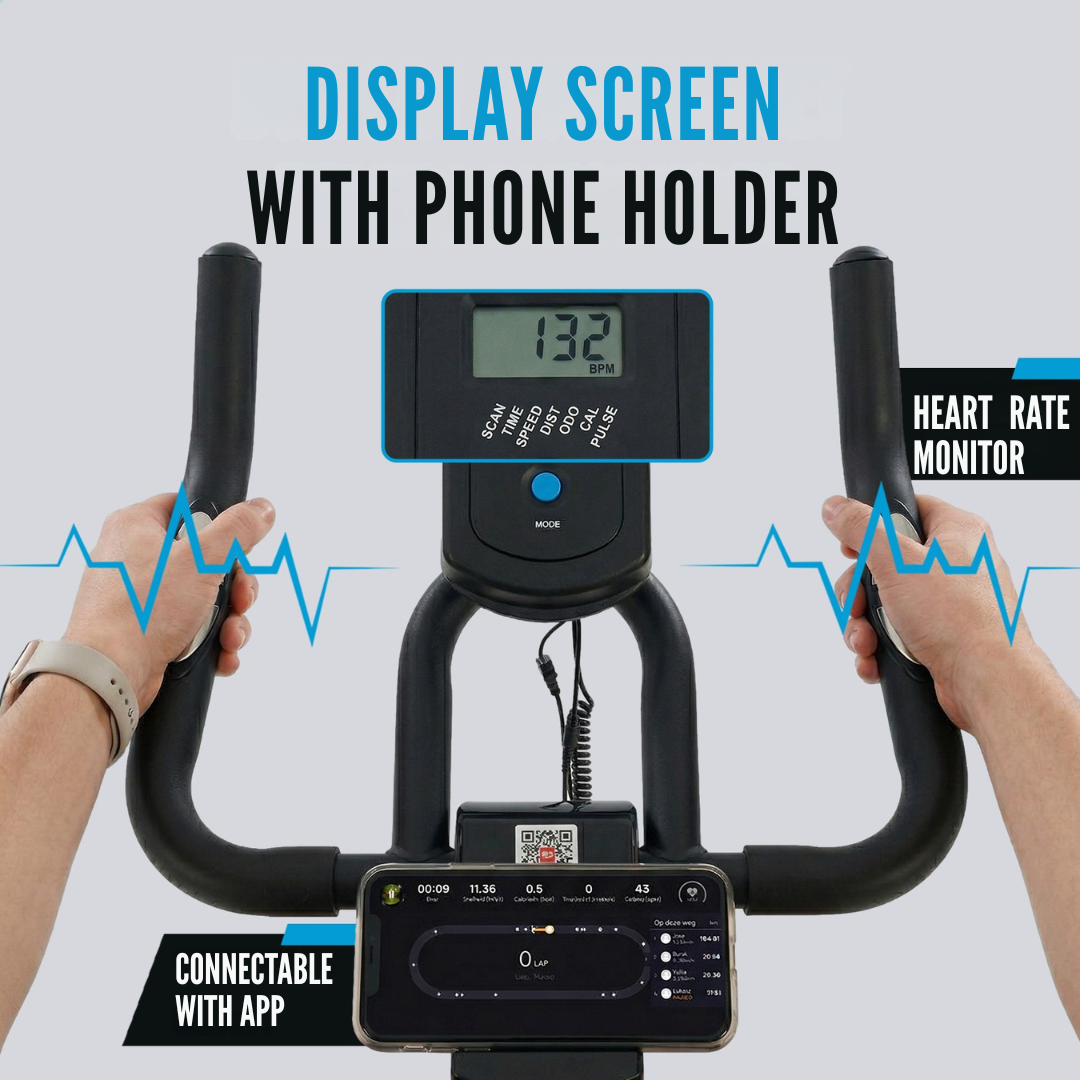 Hometrainer console met display, telefoonhouder, hartslagmeter en app-connectiviteit.