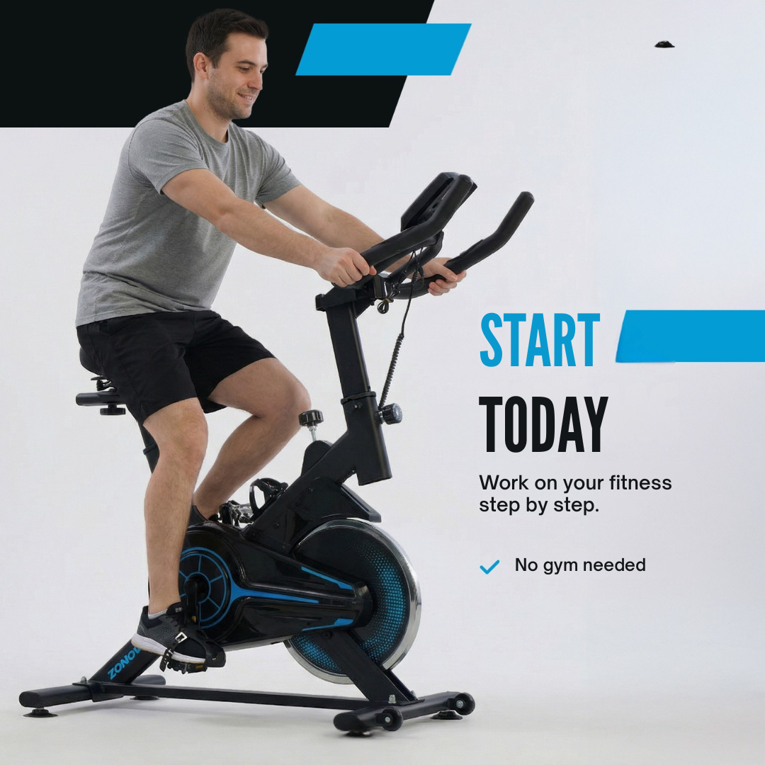 Een man traint op een hometrainer. Begin vandaag. Geen sportschool nodig.