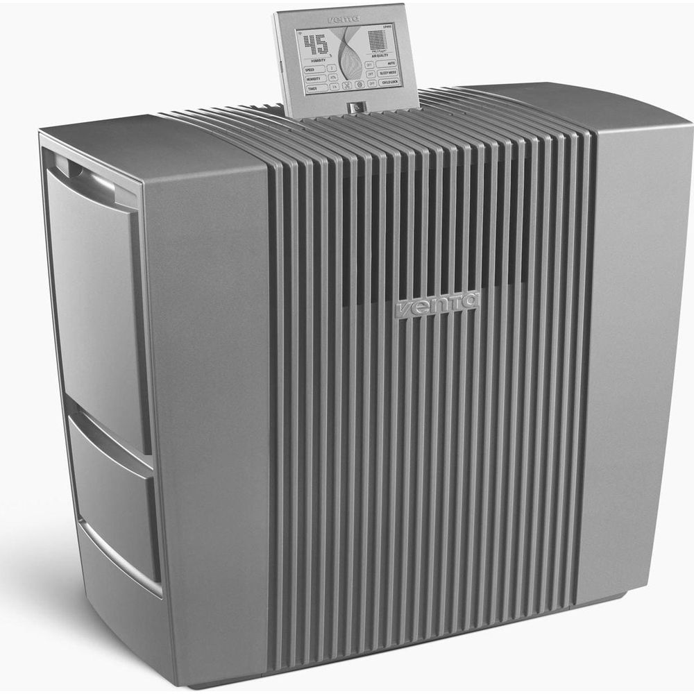 Un purificateur d'air Venta argenté avec écran numérique affichant 45% d'humidité.
