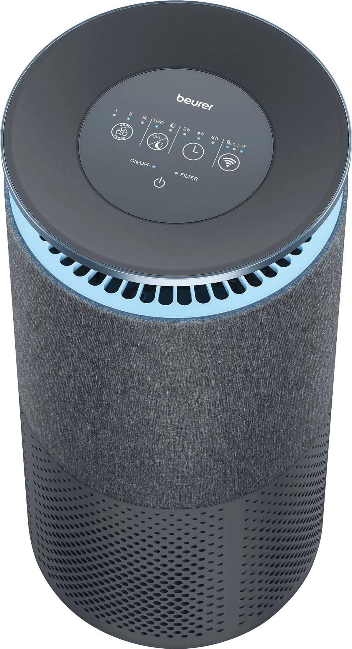 Un purificatore d'aria rotondo e scuro con pannello di controllo con icone e luci.