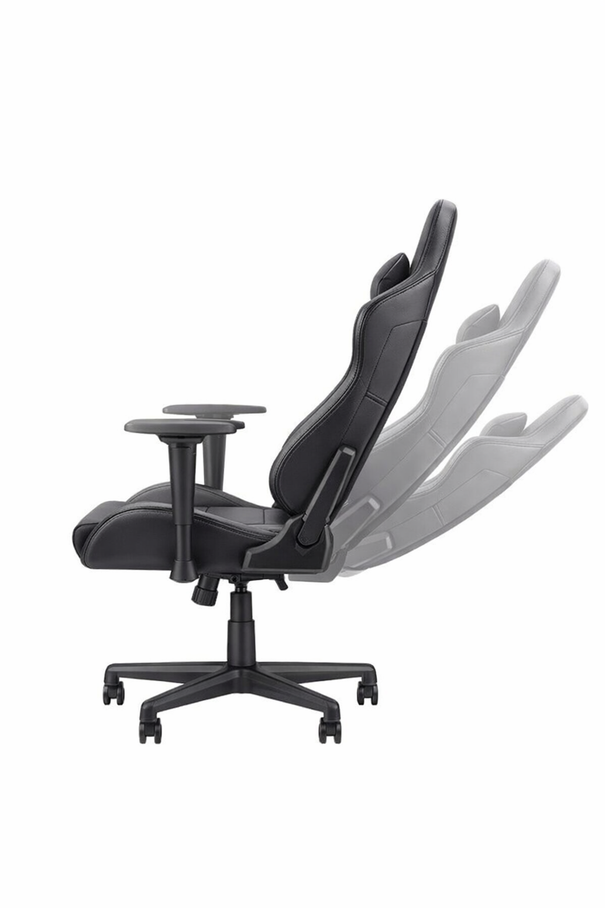 Silla gaming negra con respaldo y reposabrazos ajustables sobre fondo blanco.