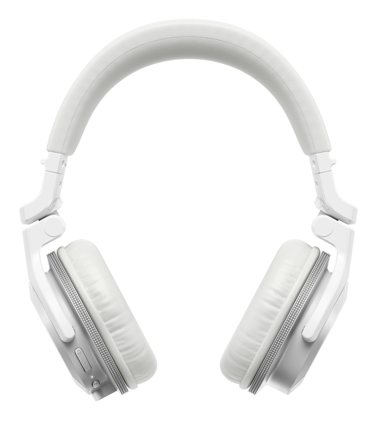 Białe słuchawki nauszne z wyściełanym pałąkiem i srebrnymi detalami.