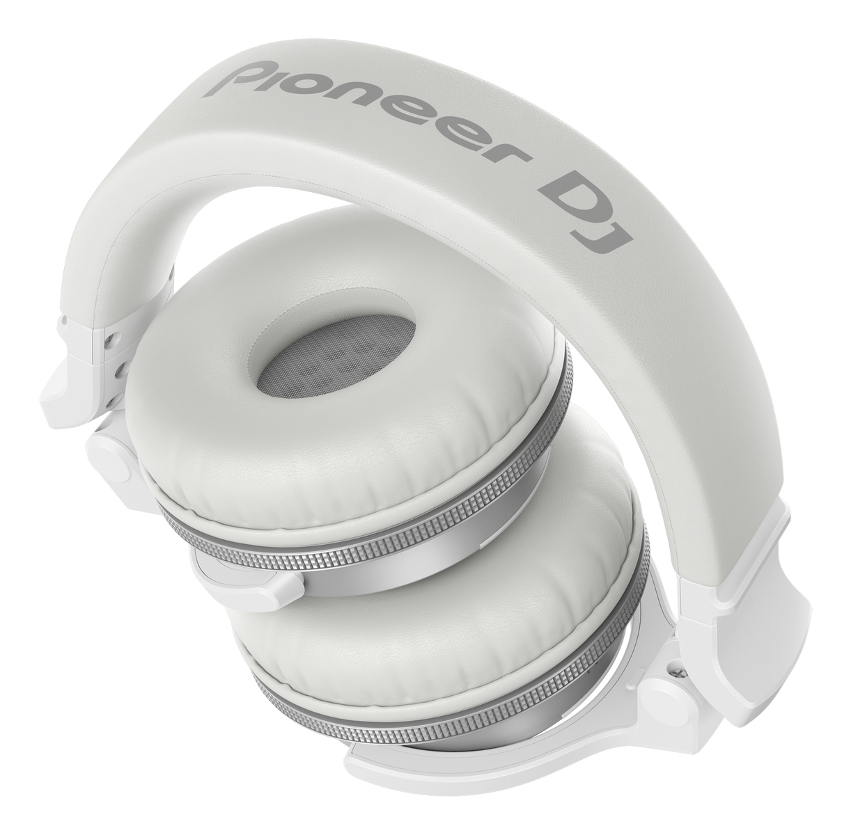 Białe słuchawki Pioneer DJ z srebrnymi akcentami, na czarnym tle.