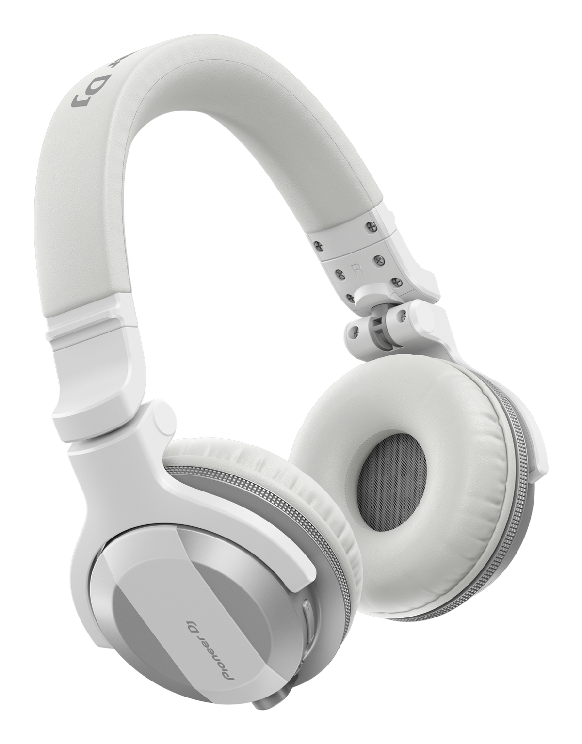 Białe słuchawki ze srebrnymi detalami na czarnym tle.