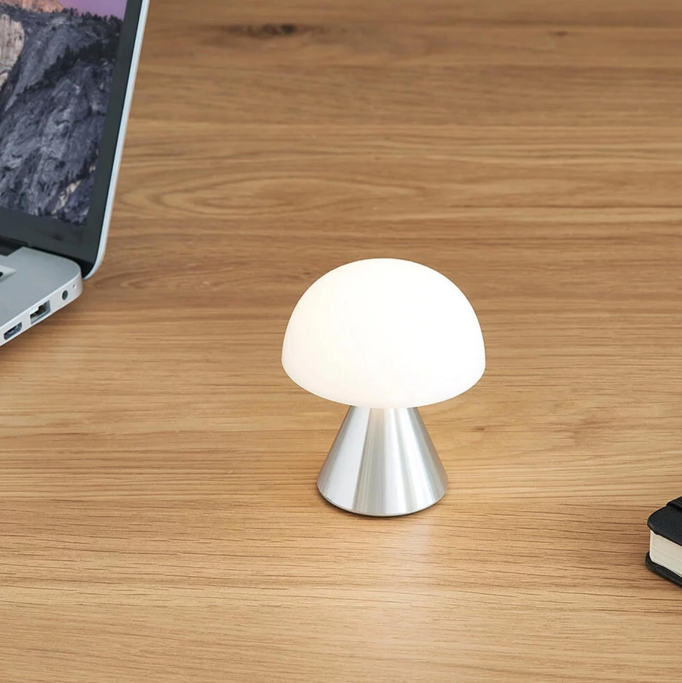 Ein Pilzförmige Lampe steht neben einem Laptop auf einem Holztisch.