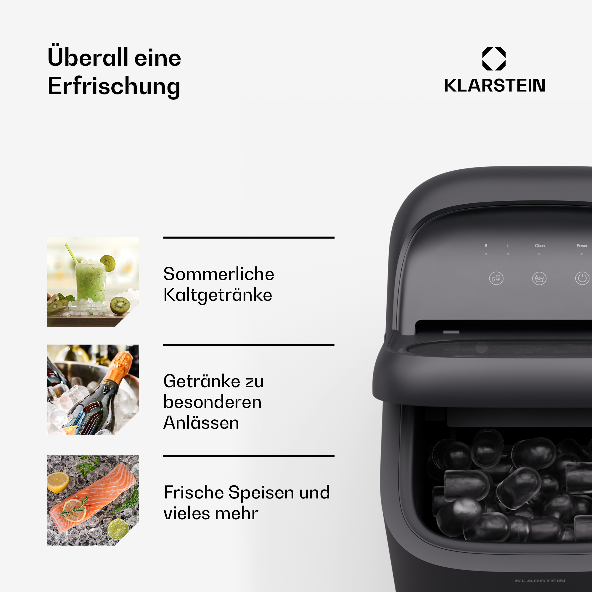 Klarstein Eismaschine mit drei Bildern: Getränke, Wein und Lachs.