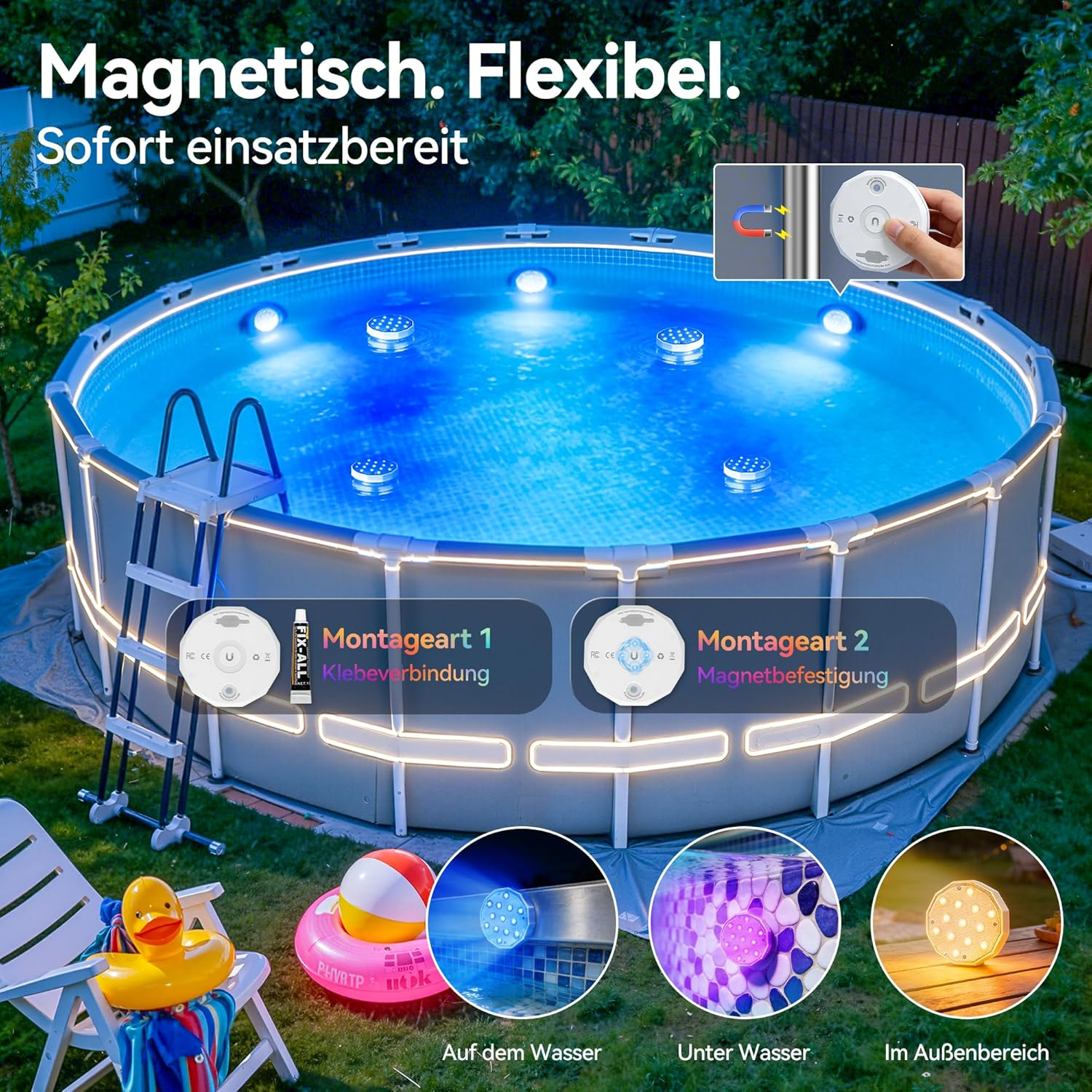 Beleuchteter Pool mit Leiter, Liegestuhl, Quietscheente und Montageoptionen.