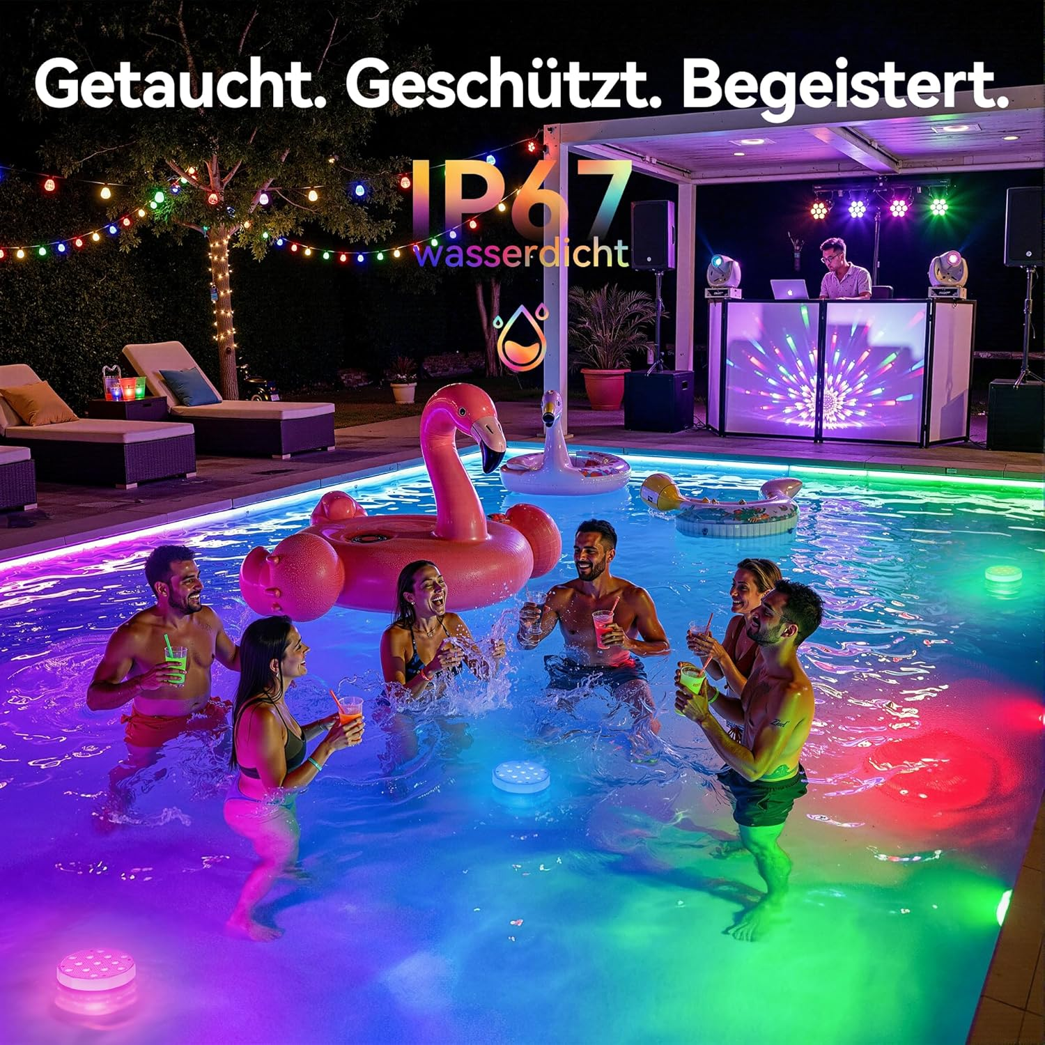 Leute feiern in beleuchtetem Pool mit DJ und Flamingo-Float.