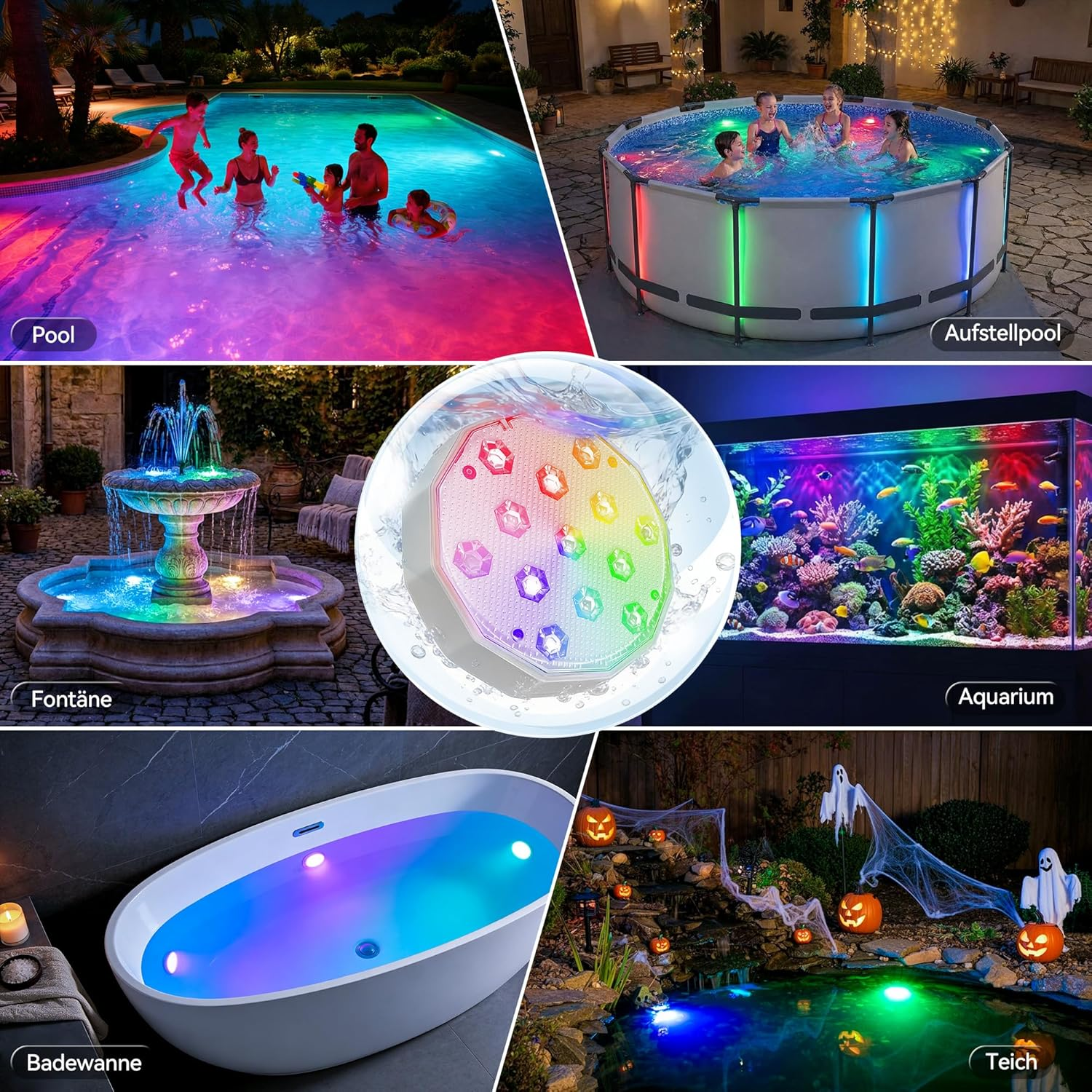 Bilder von einem beleuchteten Pool, Aufstellpool, Brunnen, Aquarium, Badewanne und Teich.
