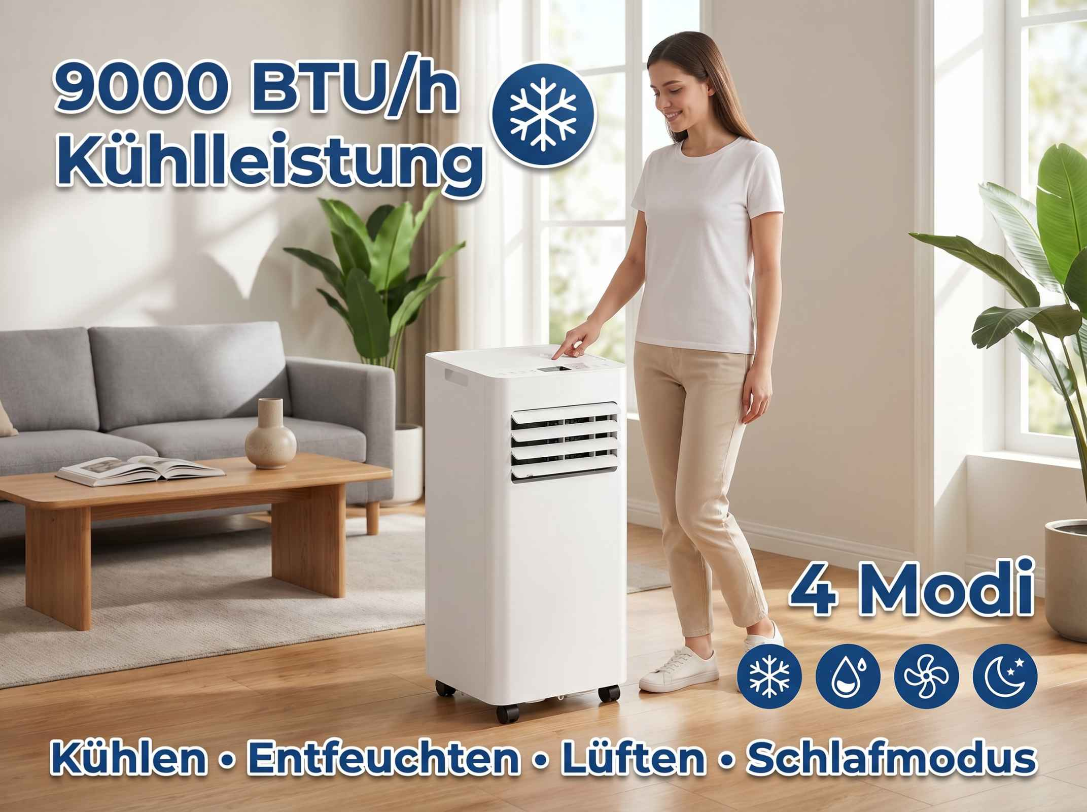 Eine Frau bedient ein weißes Klimagerät mit 9000 BTU Kühlleistung und 4 Modi.