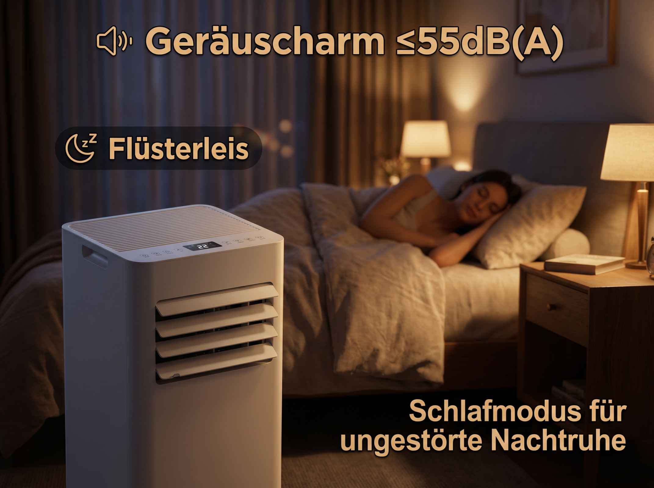 Ein Klimagerät steht im Vordergrund, eine Frau schläft im Bett im Hintergrund.