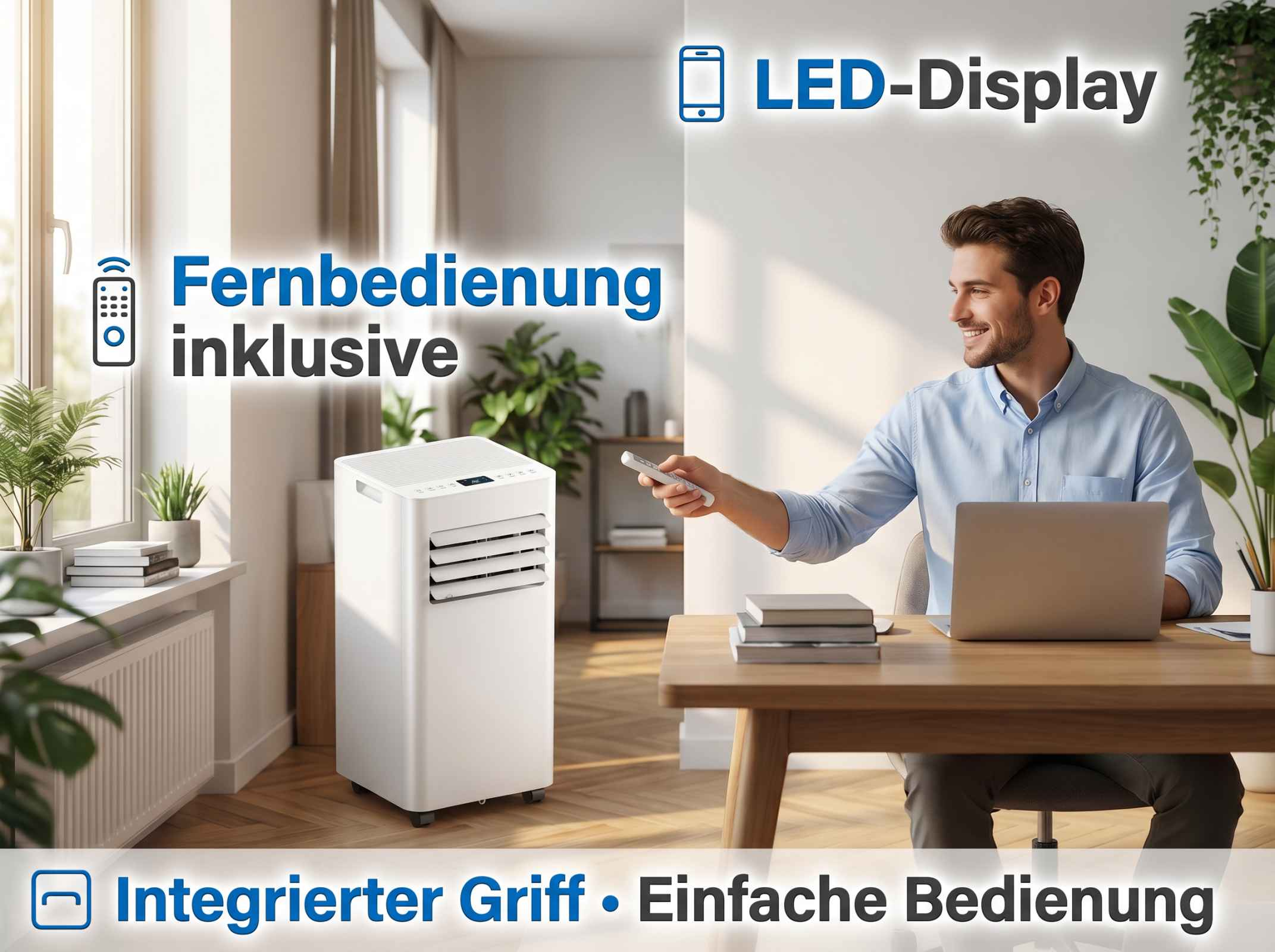Mann bedient Klimagerät mit Fernbedienung, LED-Display, integrierter Griff.