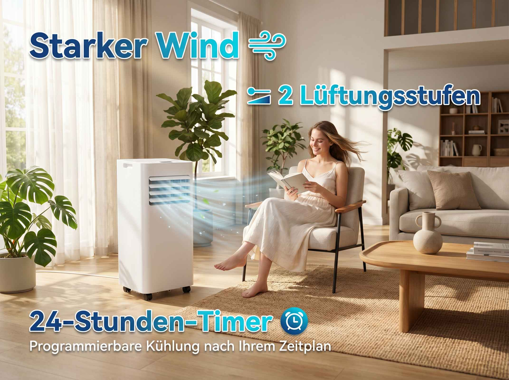 Ein weißer Luftkühler kühlt einen Raum, in dem eine Frau liest.