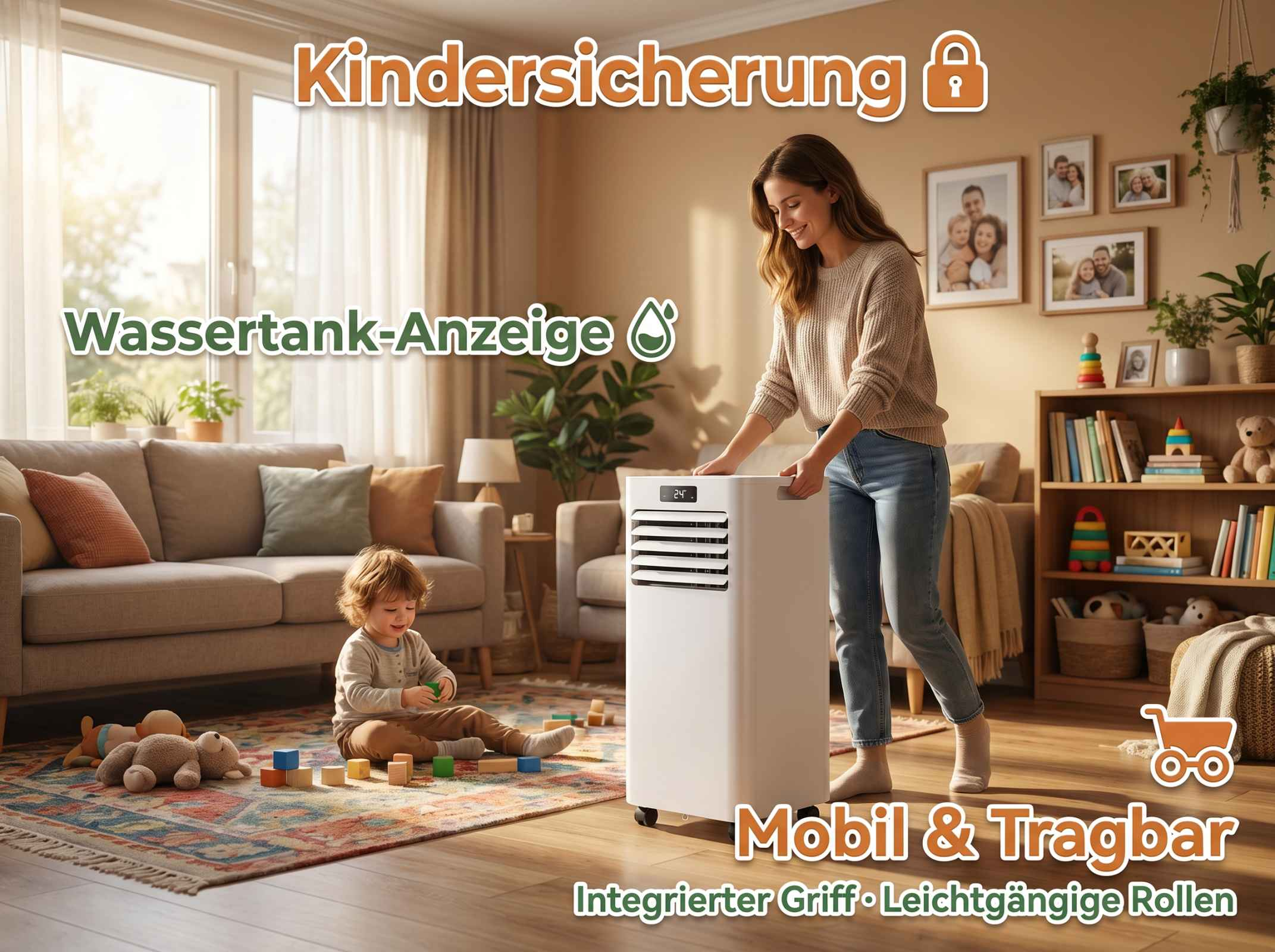 Eine Frau mit einem Kind in einem Wohnzimmer mit einem Klimagerät.