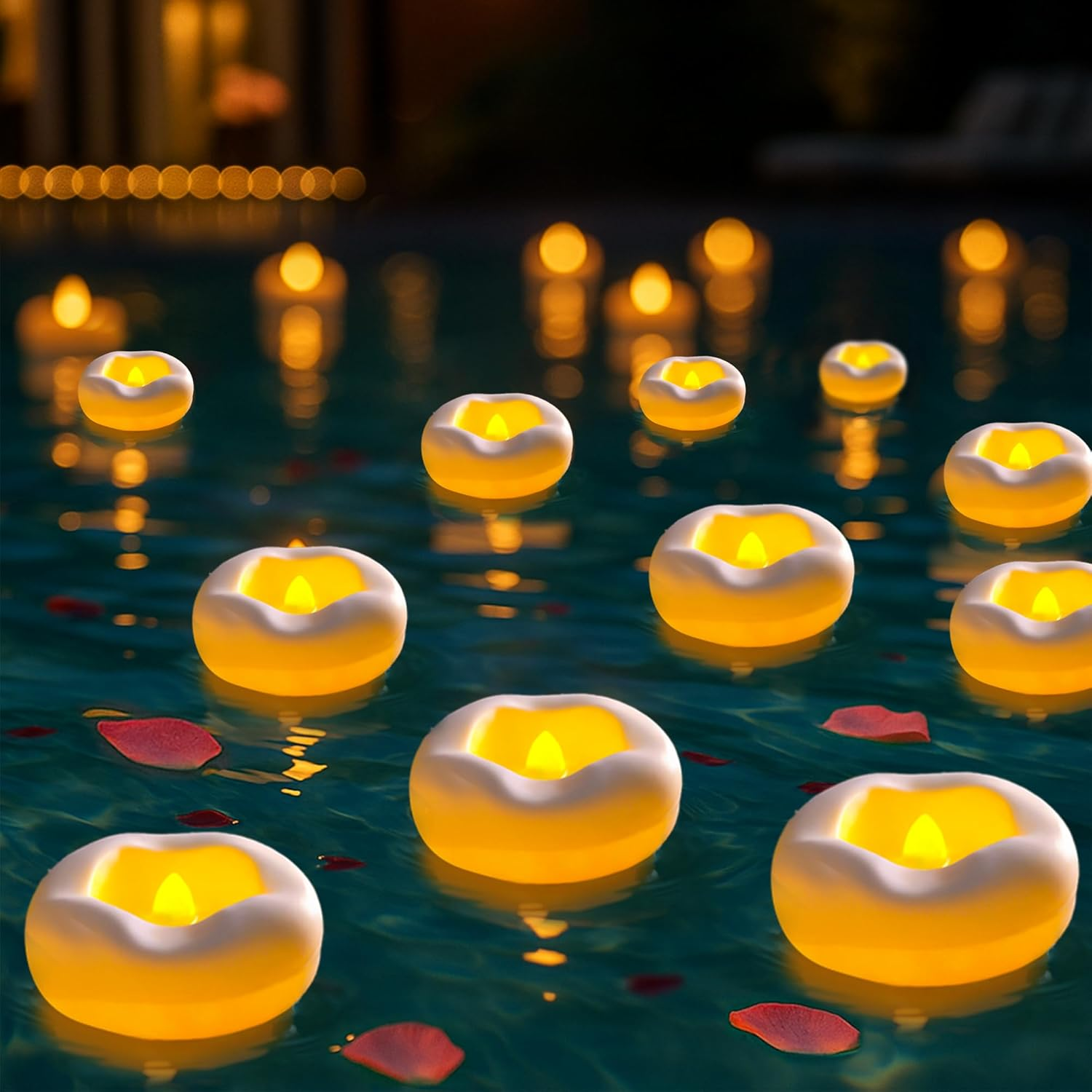 Schwimmende Kerzen und rote Blütenblätter auf dunklem Wasser.