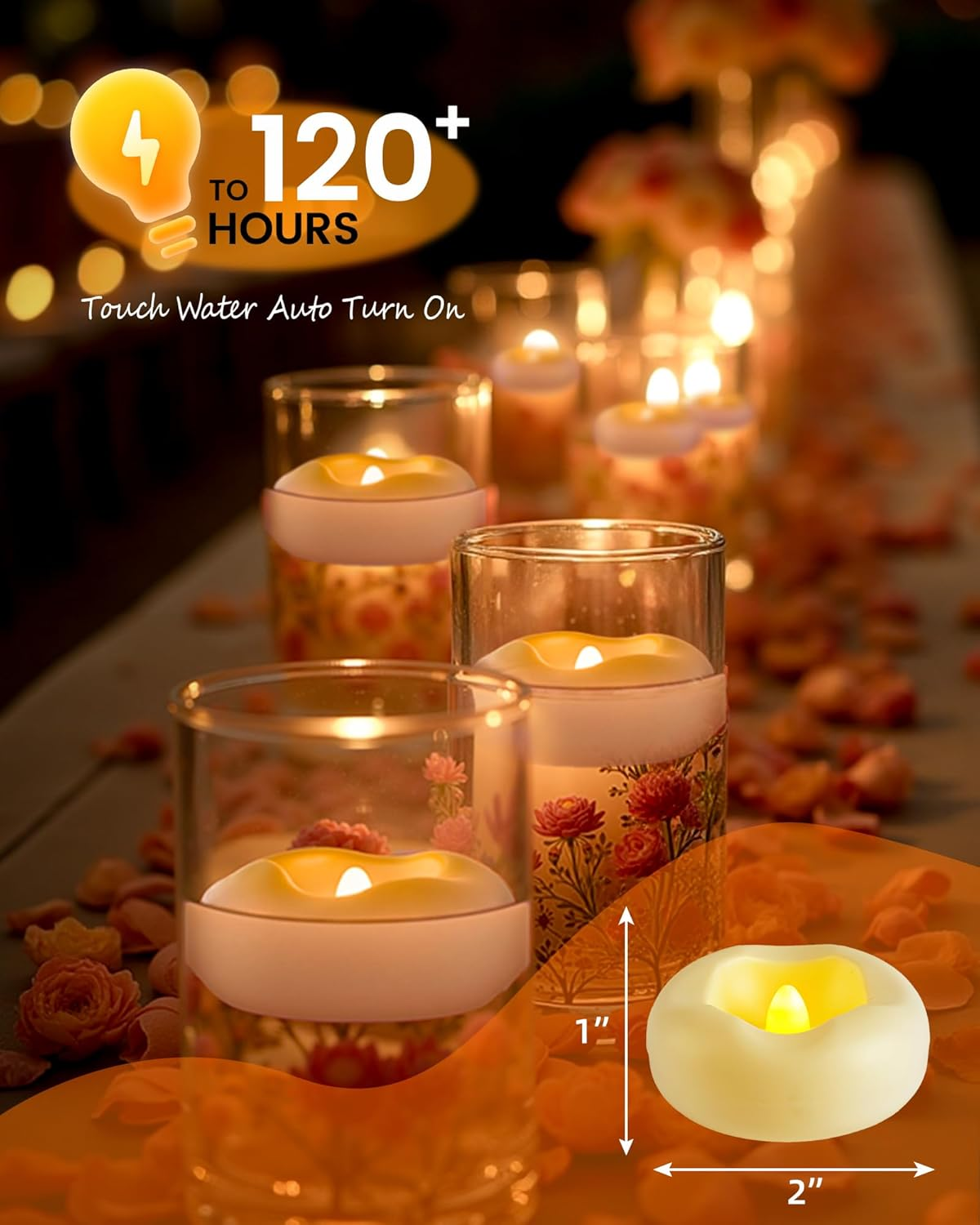 LED-Kerzen in Gläsern mit Blumenmuster, 120+ Stunden Leuchtdauer.