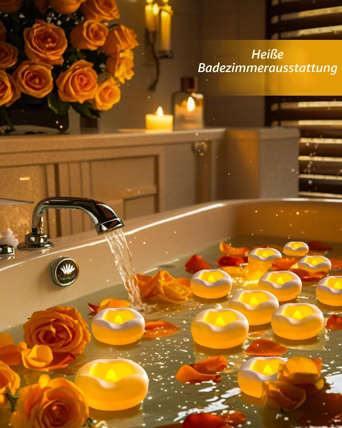 Eine Badewanne mit Wasser, Rosen und schwimmenden Kerzen.