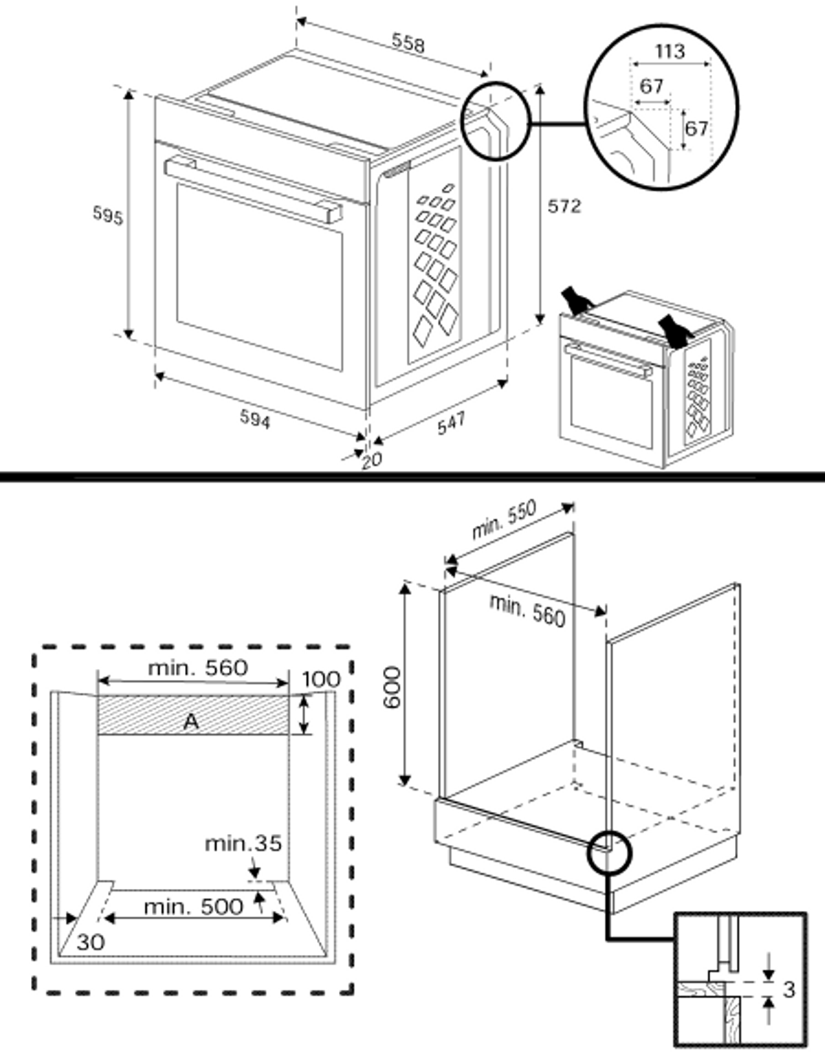 Disegno tecnico di un forno da incasso con dimensioni e dettagli di installazione.