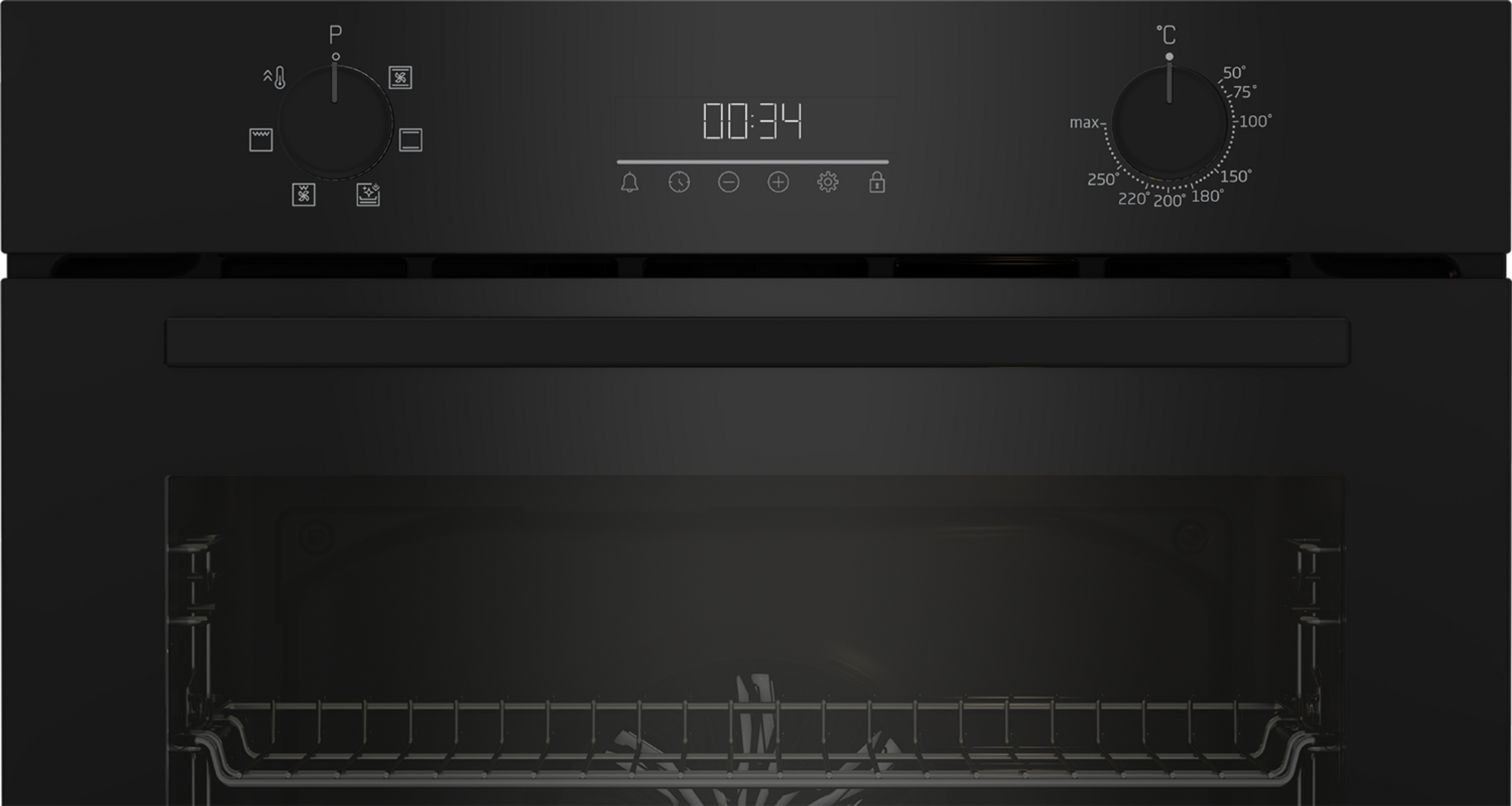Un forno nero con controlli digitali e selettore di temperatura.