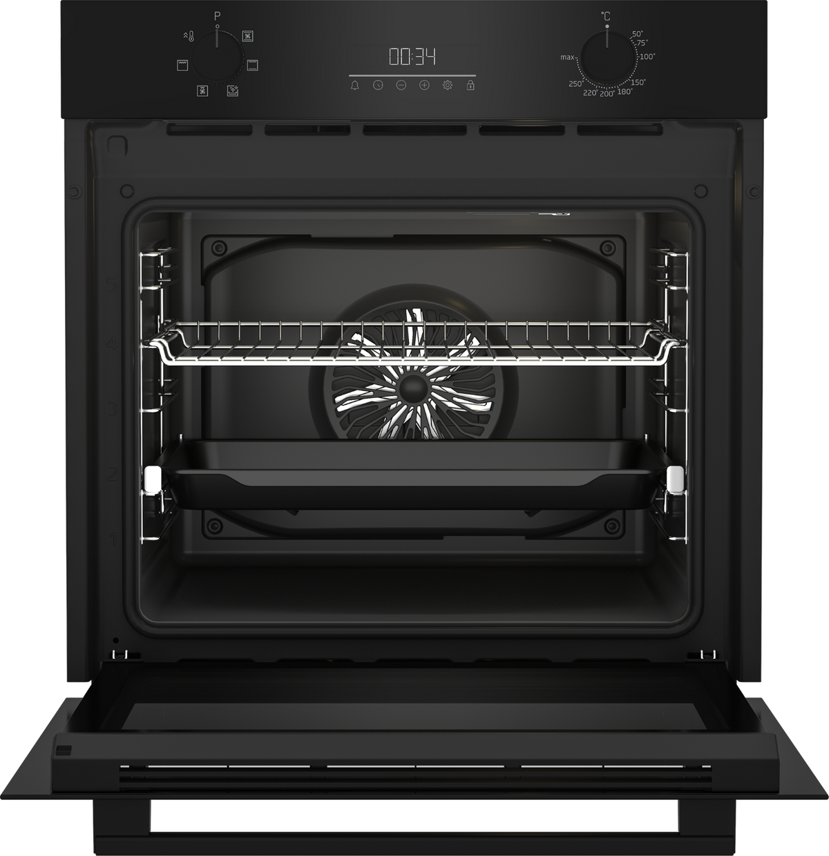 Un forno nero aperto con griglia e teglia. La copertura della ventola è visibile.