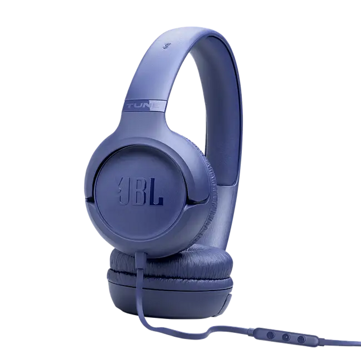 Blaue JBL-Kopfhörer mit Kabel und Fernbedienung auf schwarzem Hintergrund.